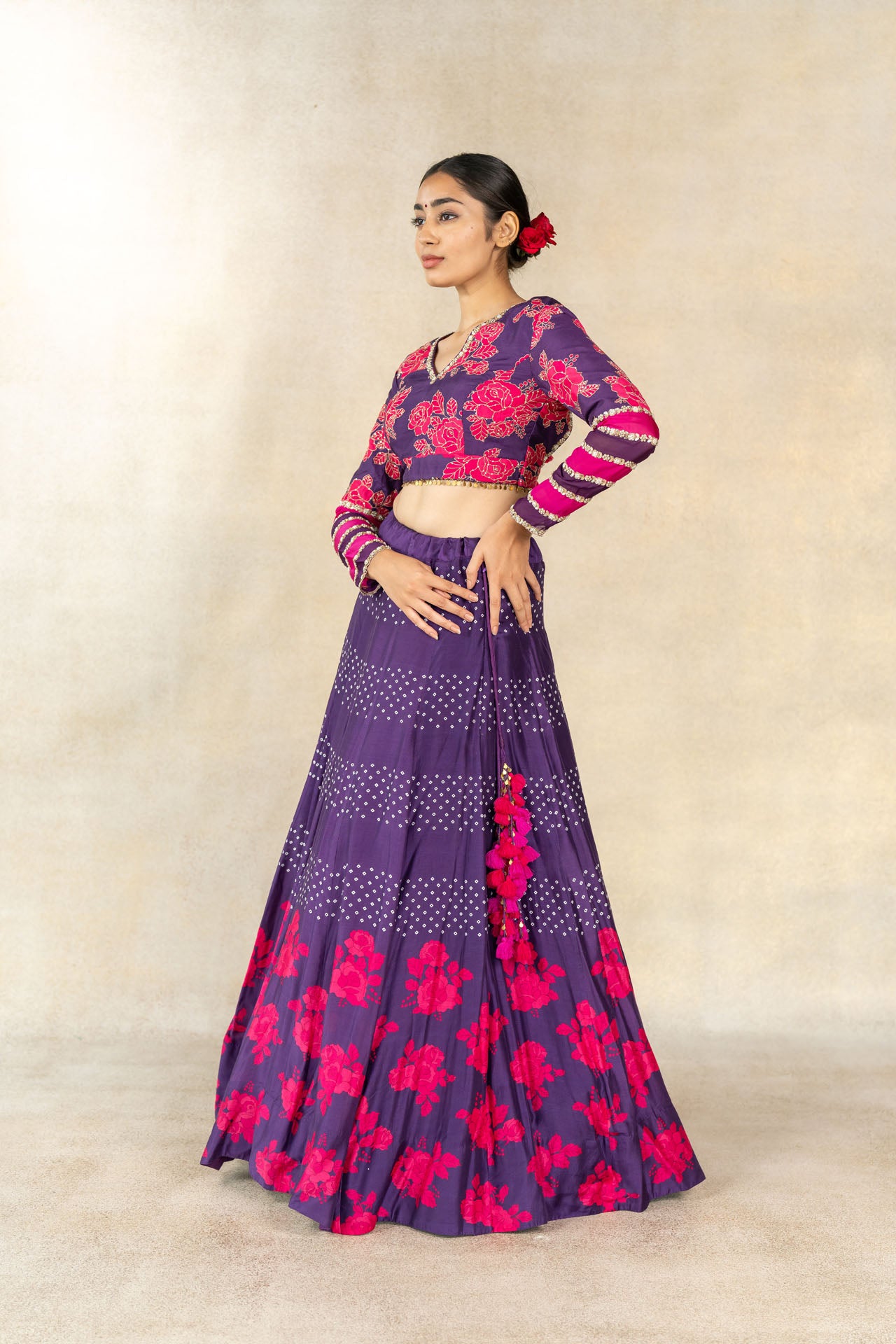 Purple floral- bandhani printed embroidered lehenga set
