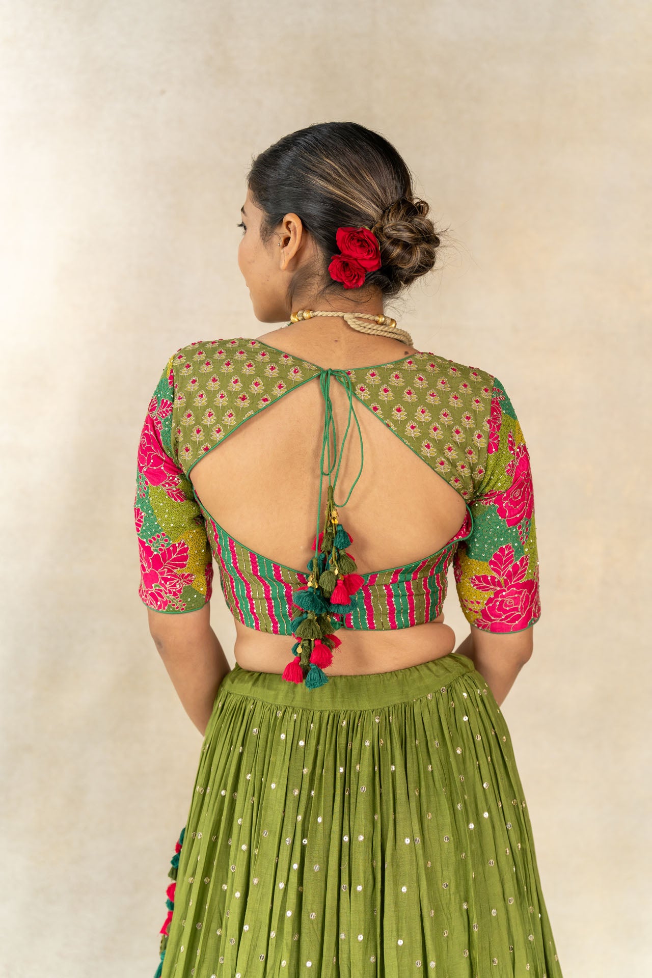 Mehendi green multi-print embroidered lehenga set