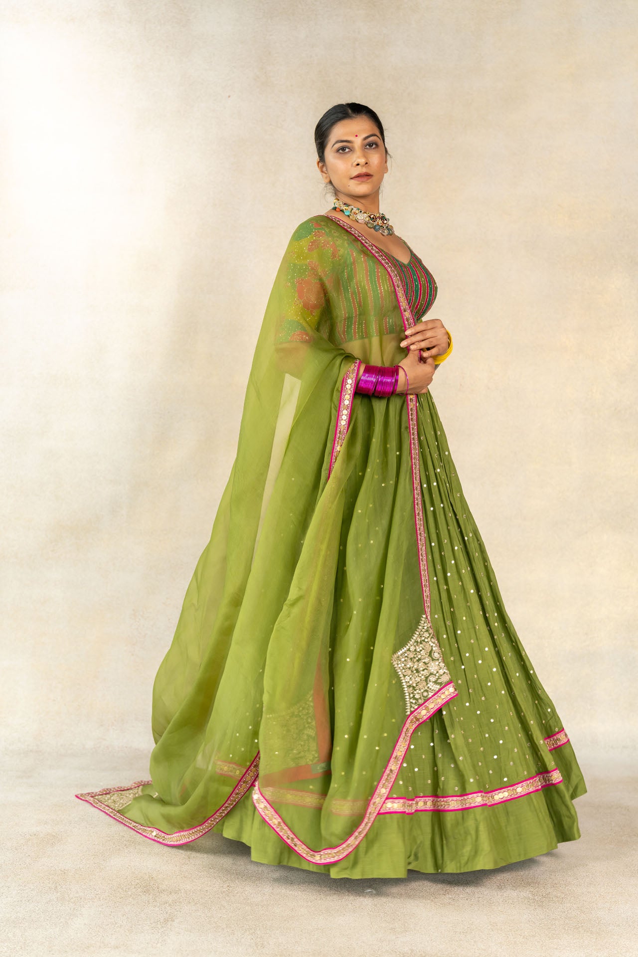 Mehendi green multi-print embroidered lehenga set