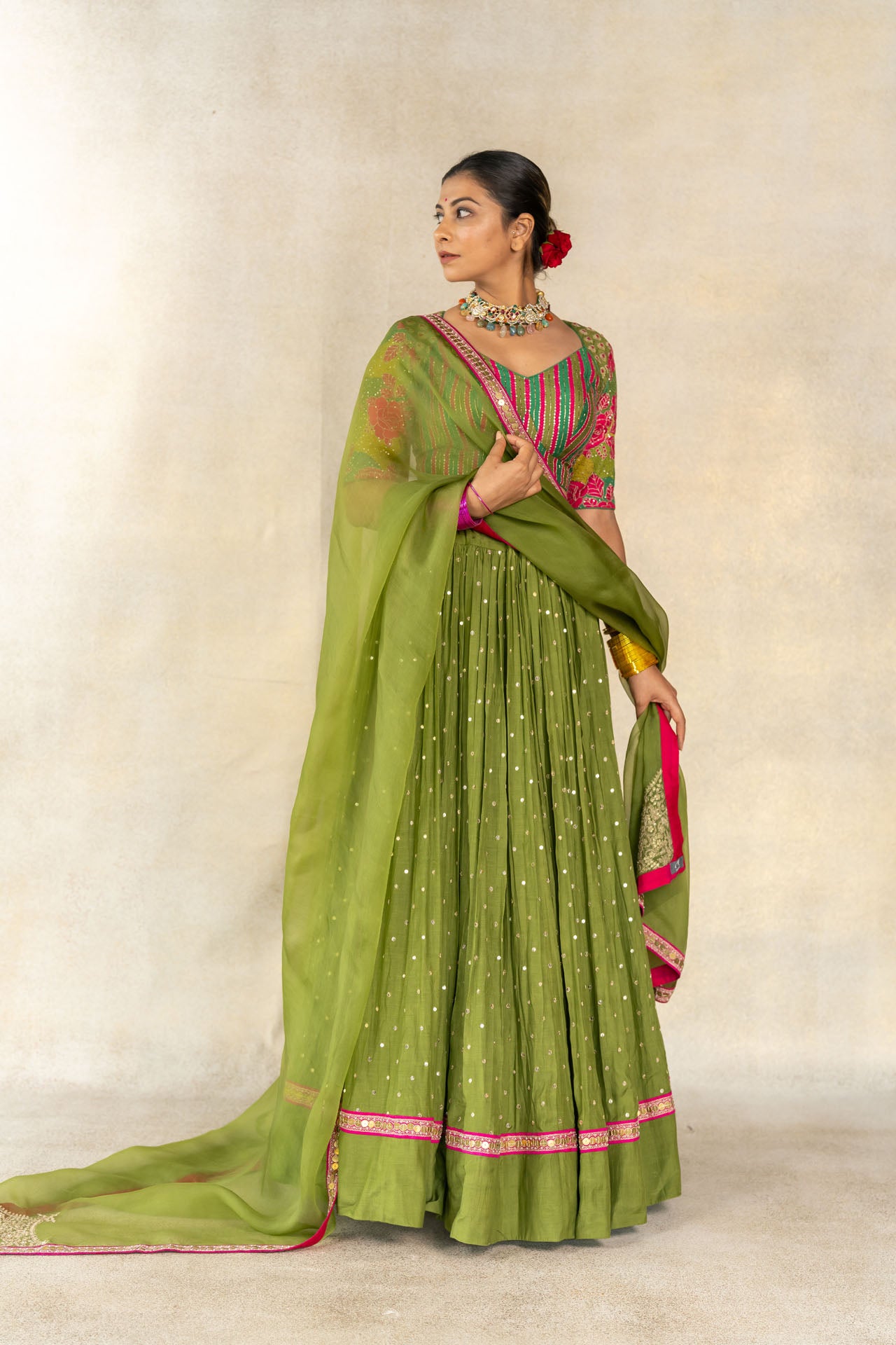 Mehendi green multi-print embroidered lehenga set