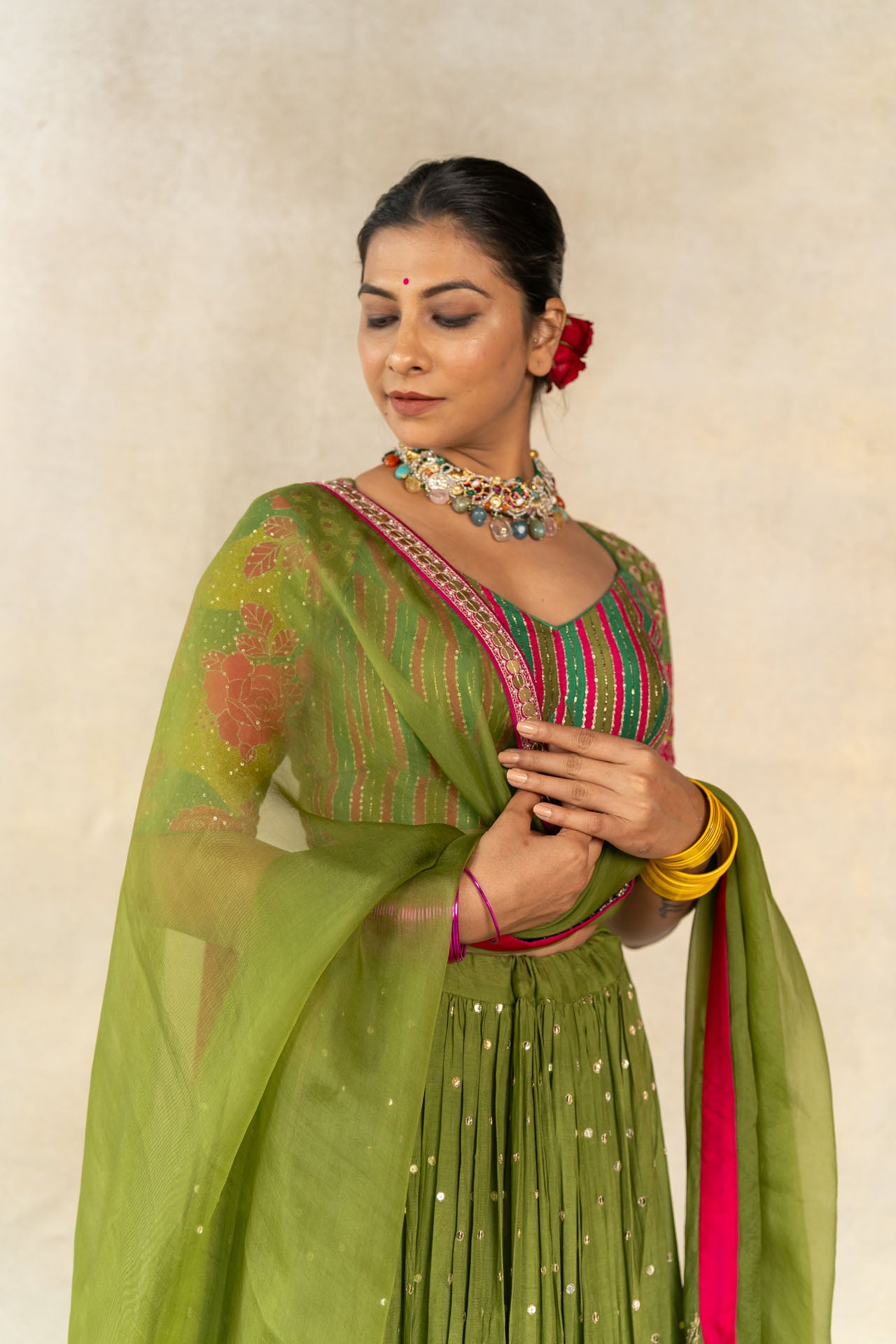 Mehendi green multi-print embroidered lehenga set