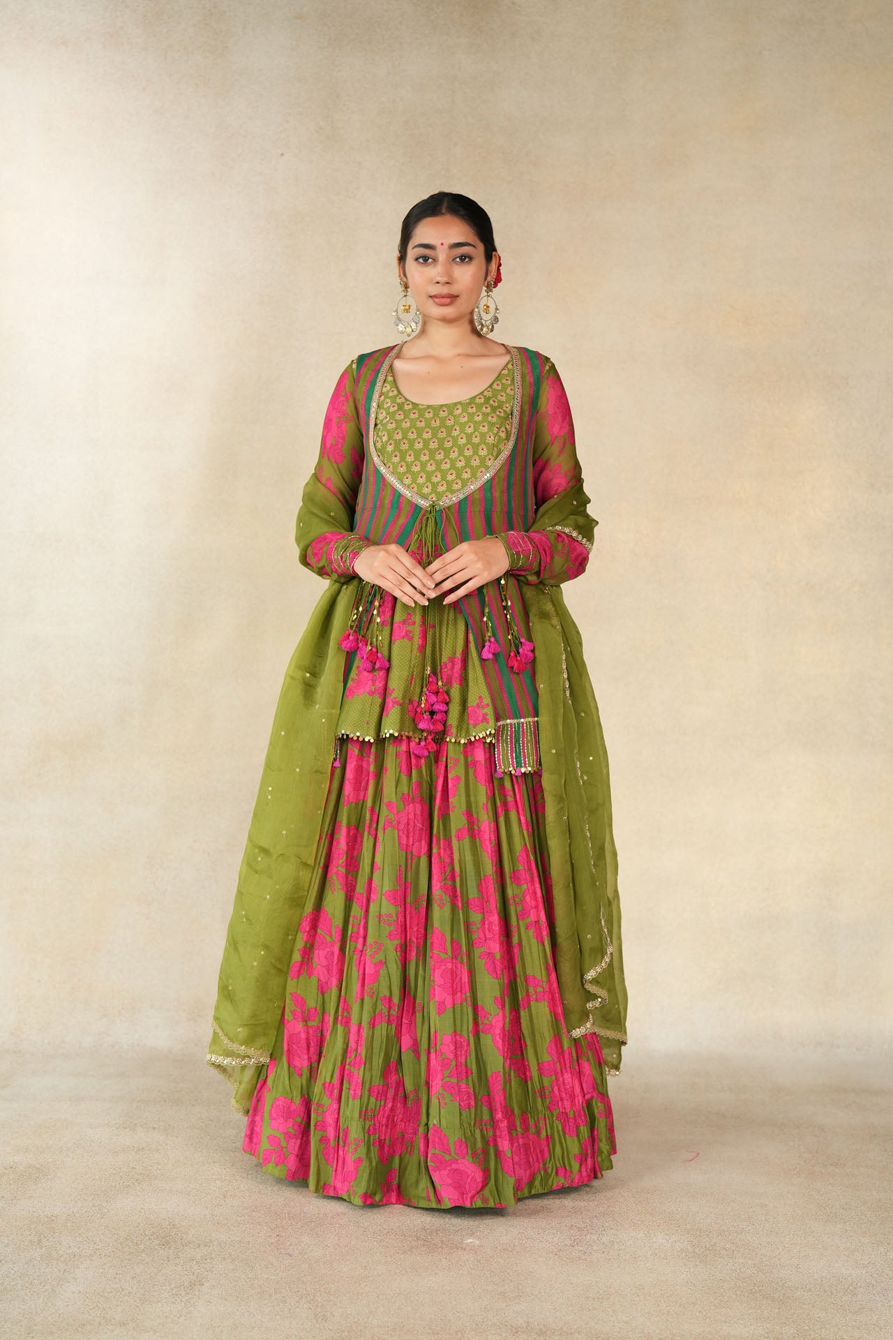 Mehendi green embroidered peplum- jacket lehenga set