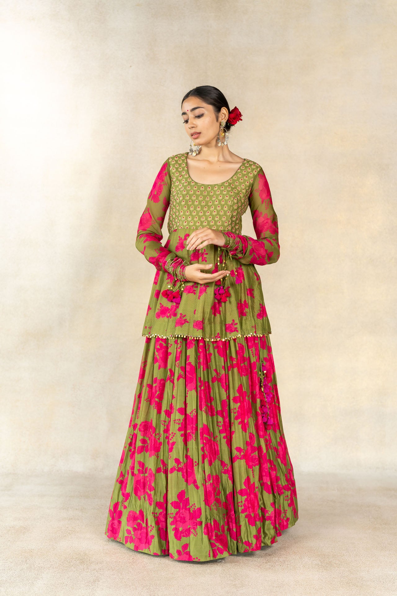 Mehendi green embroidered peplum- jacket lehenga set