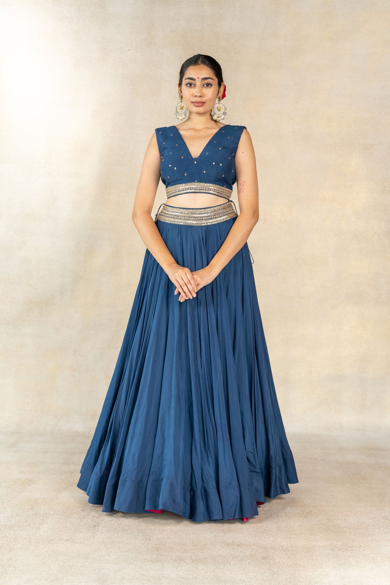 Teal blue lehenga set with Multi-color floral print patchwork blazer