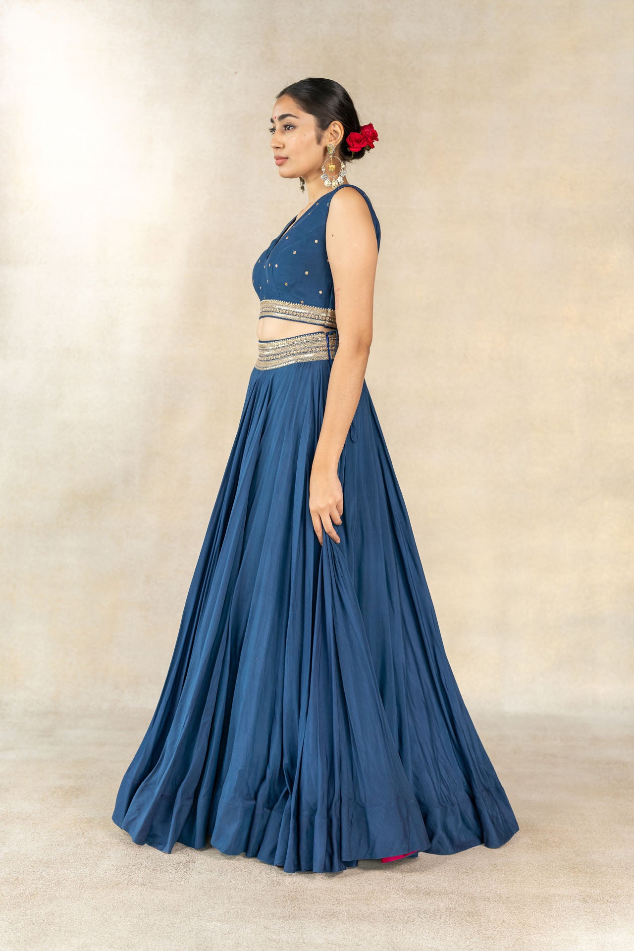 Teal blue lehenga set with Multi-color floral print patchwork blazer