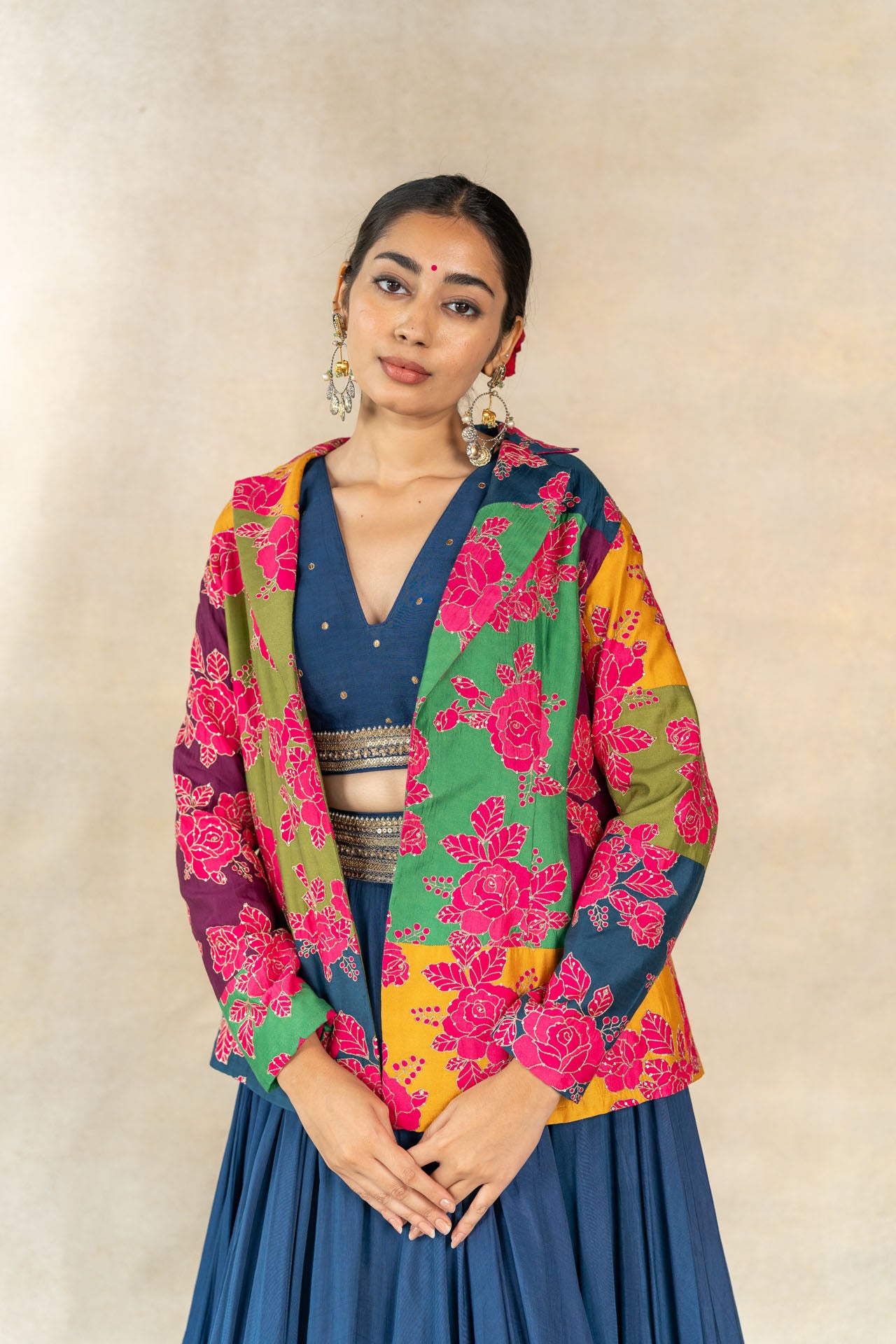 Multi-color floral printed patchwork blazer