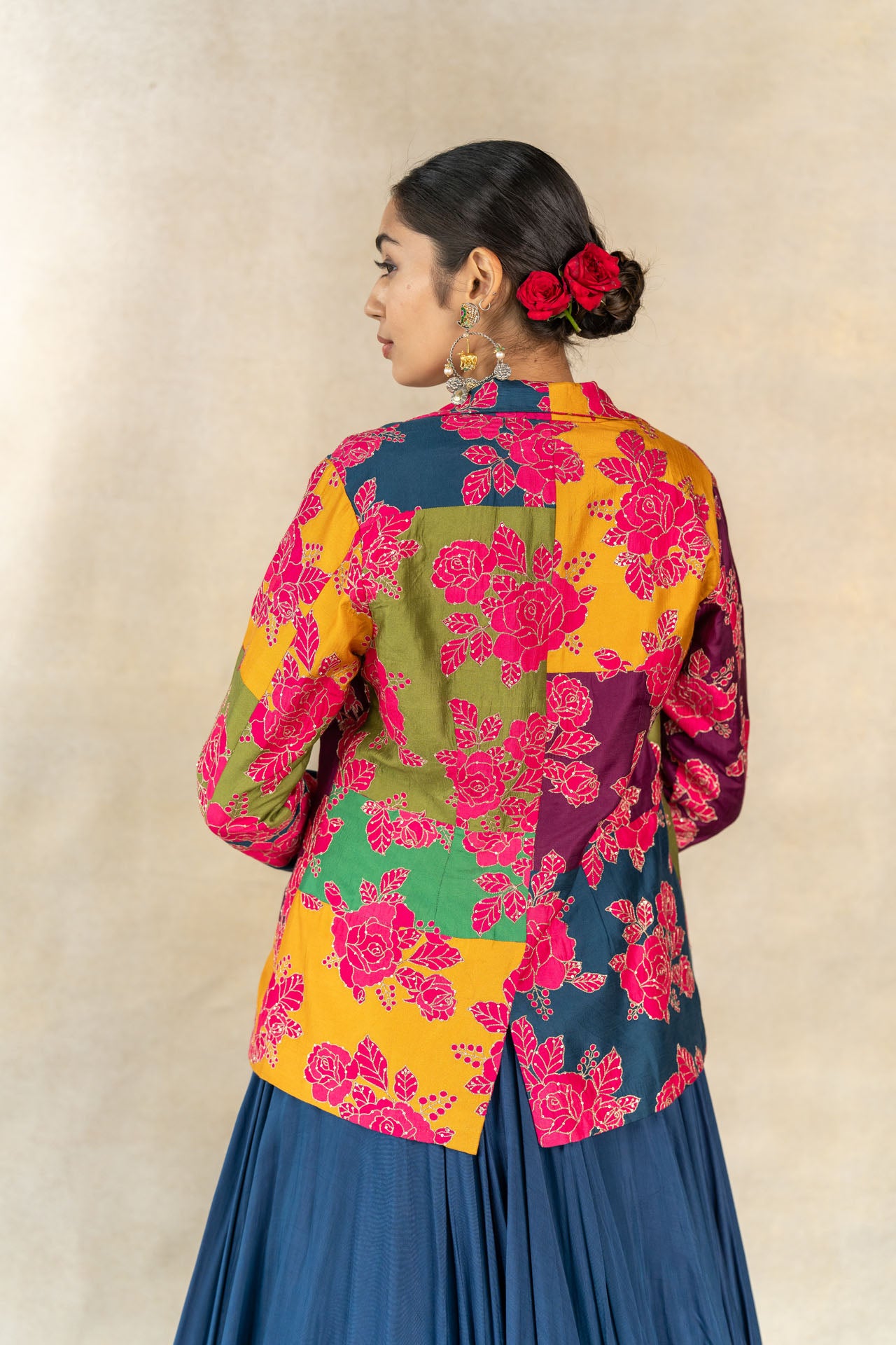 Multi-color floral printed patchwork blazer