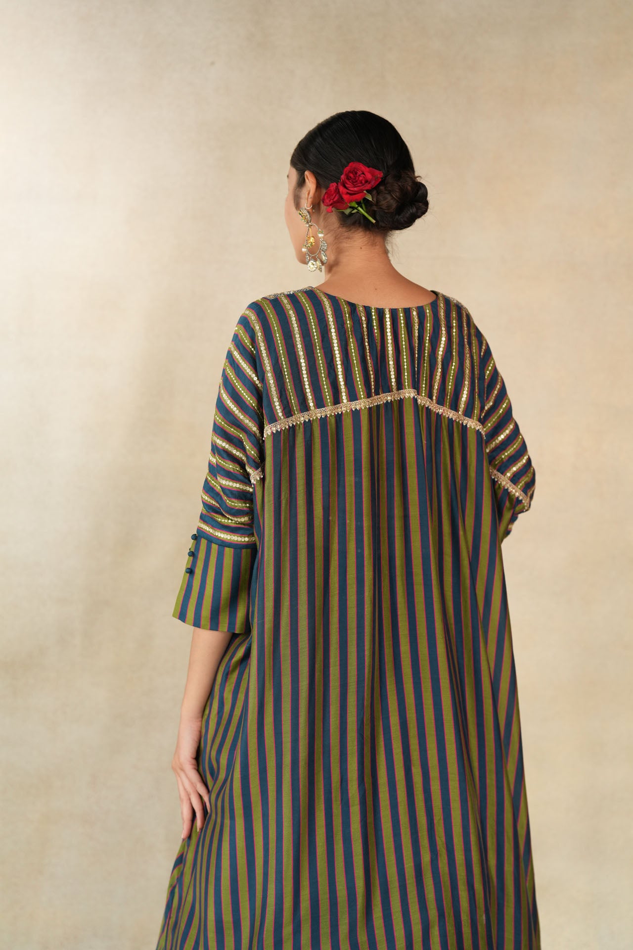 Teal blue-mehendi green multicolor striped printed kaftan jacket set