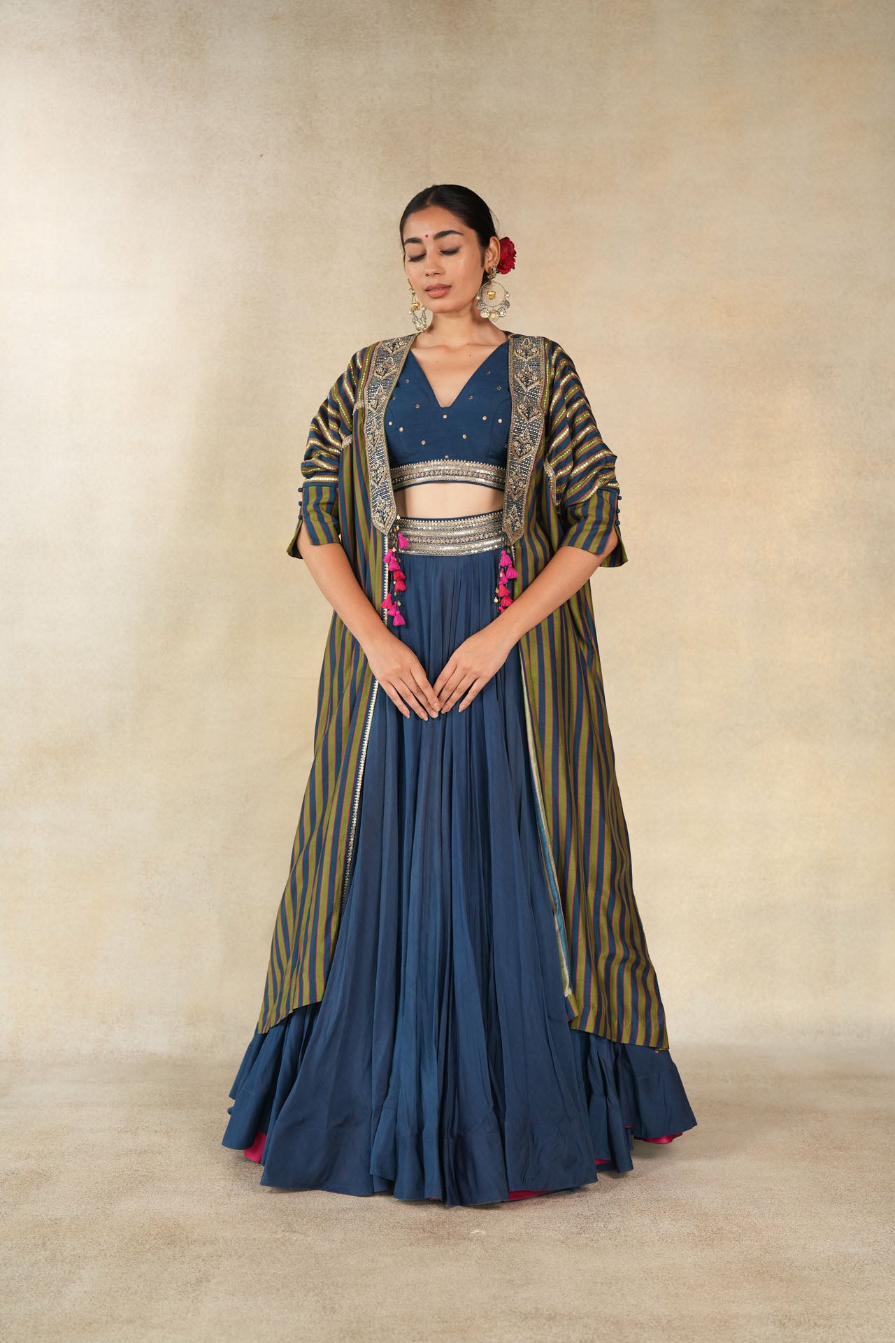 Teal blue-mehendi green multicolor striped printed kaftan jacket set