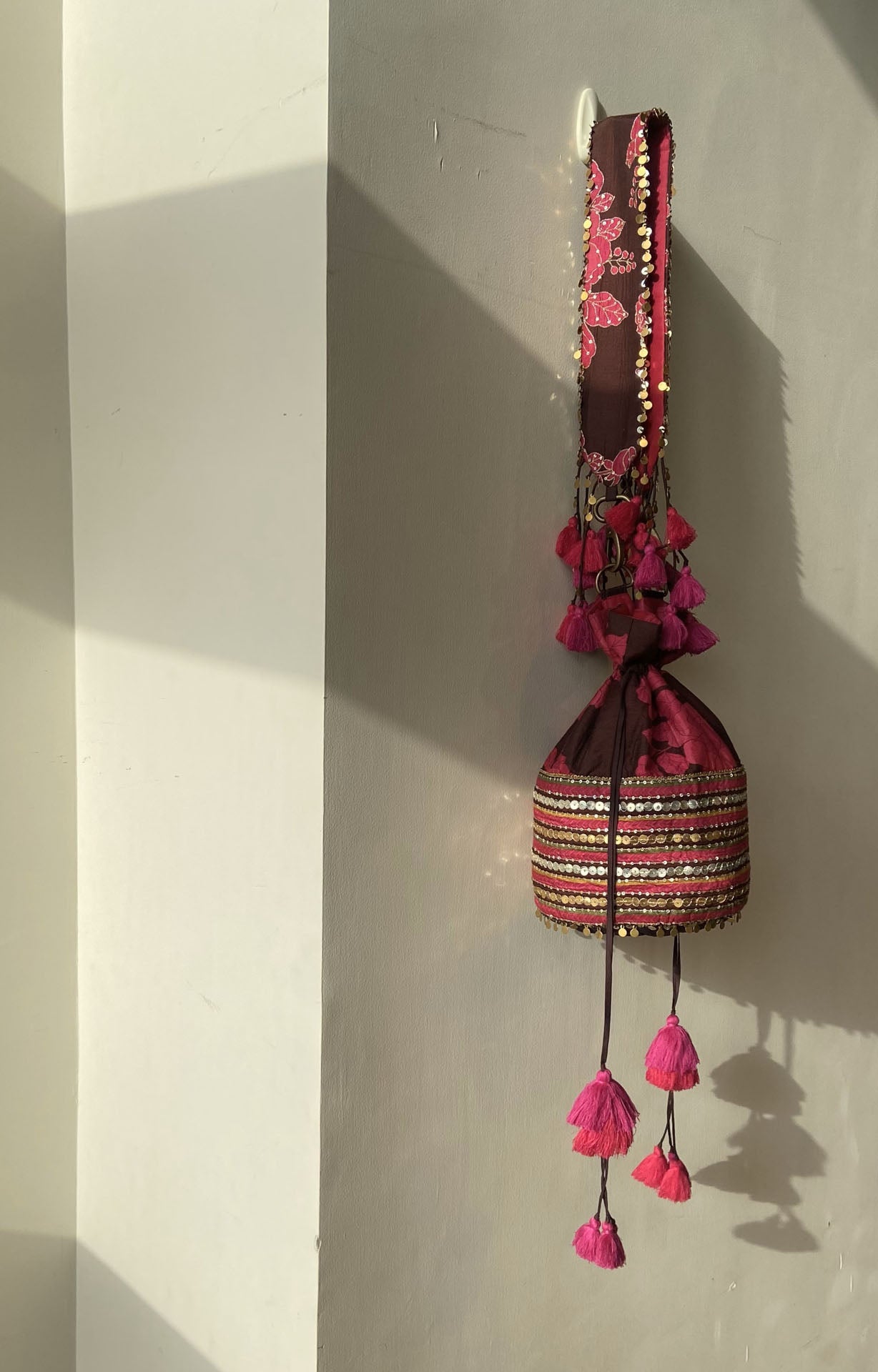 Brown floral-striped dual printed embroidered bucket bag