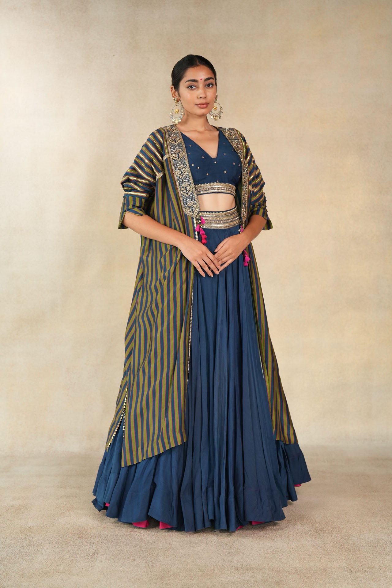 Teal blue-mehendi green multicolor striped printed kaftan jacket set