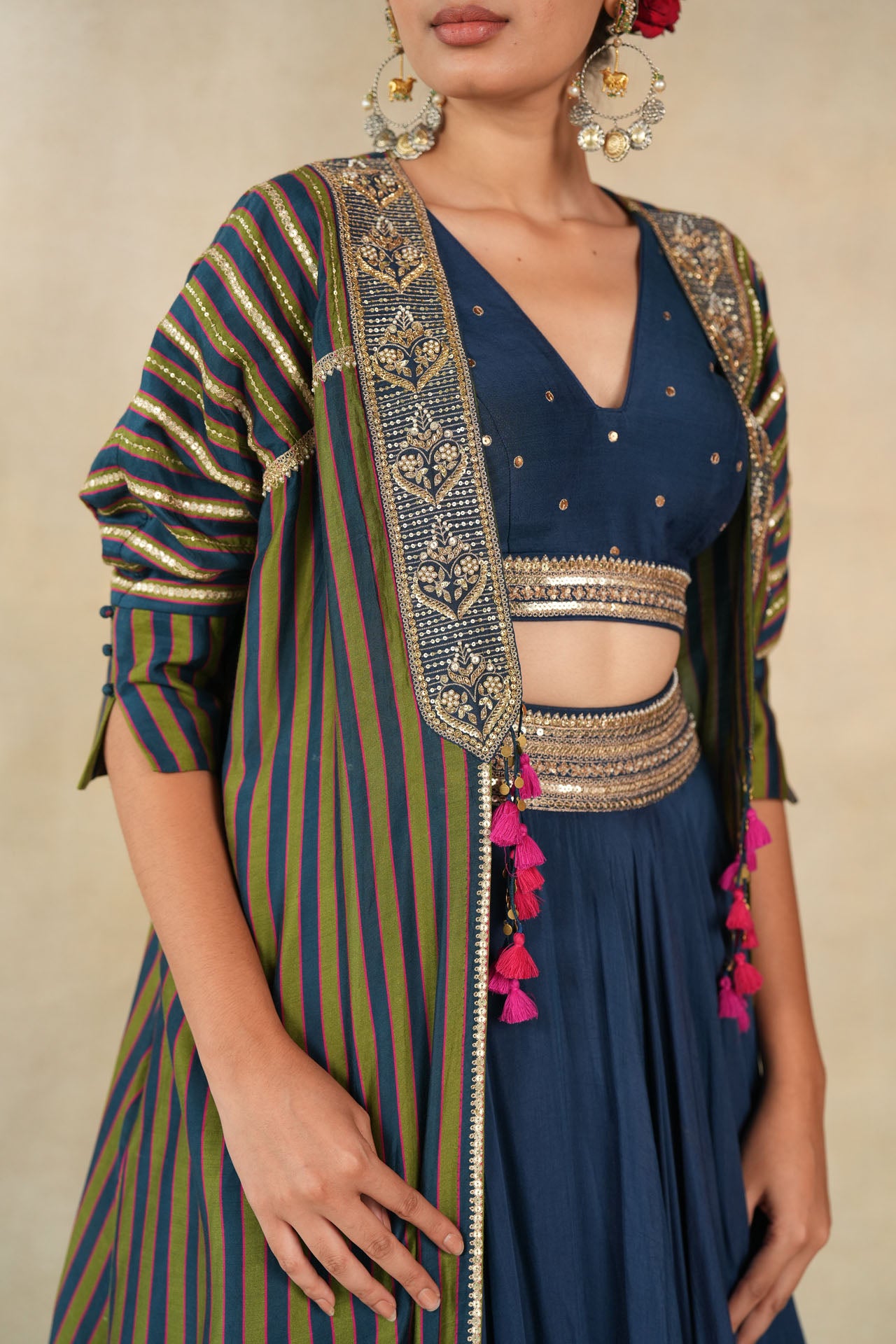 Teal blue-mehendi green multicolor striped printed kaftan jacket set