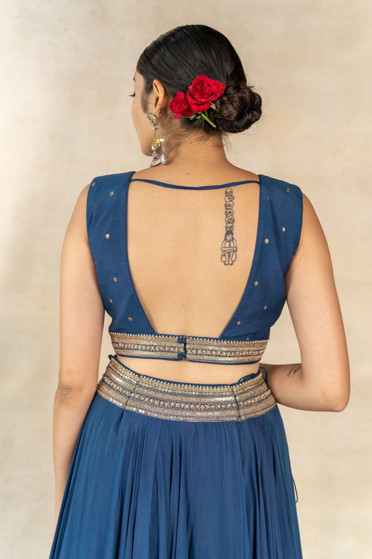 Teal blue lehenga set with Multi-color floral print patchwork blazer