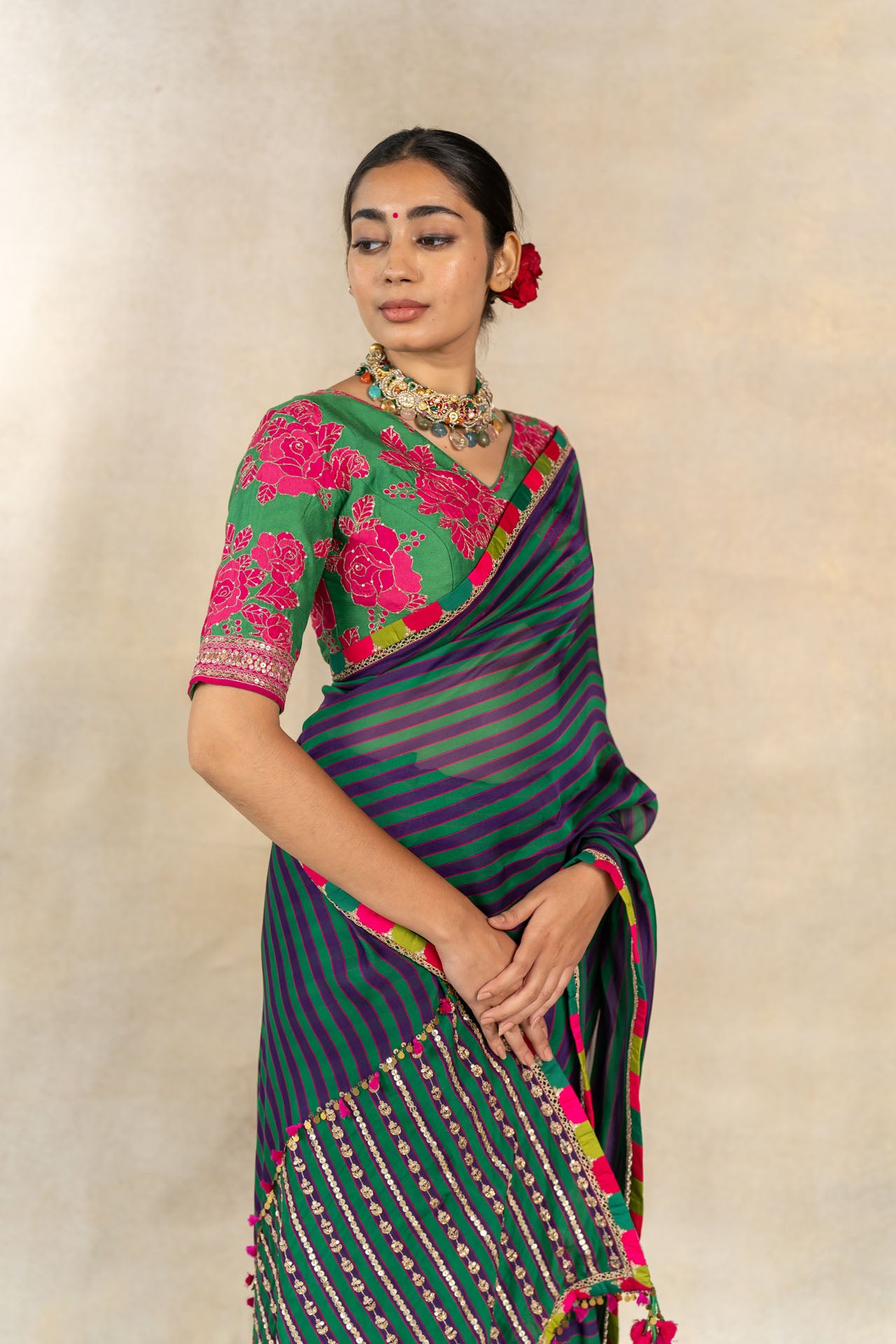 Green-purple multi-color striped printed saree set