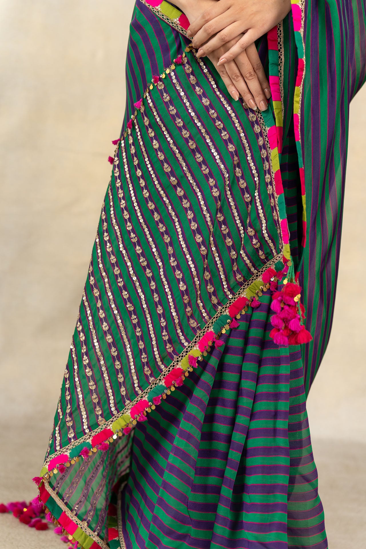 Green-purple multi-color striped printed saree set
