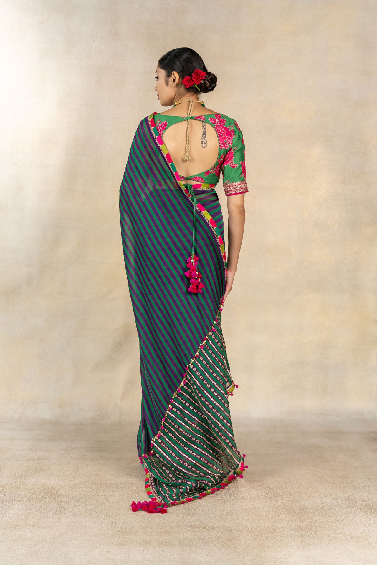 Green-purple multi-color striped printed saree set