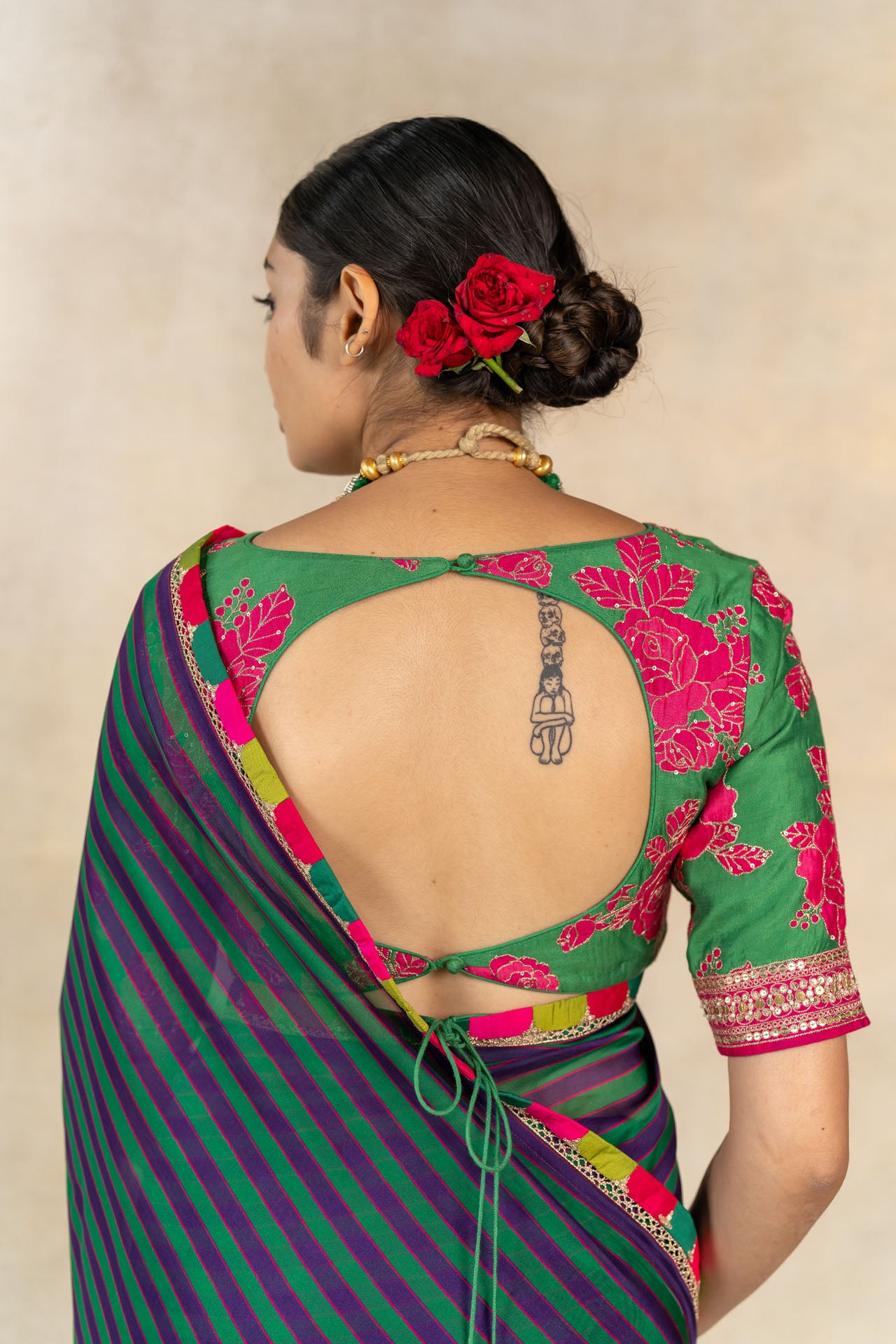 Green-purple multi-color striped printed saree set