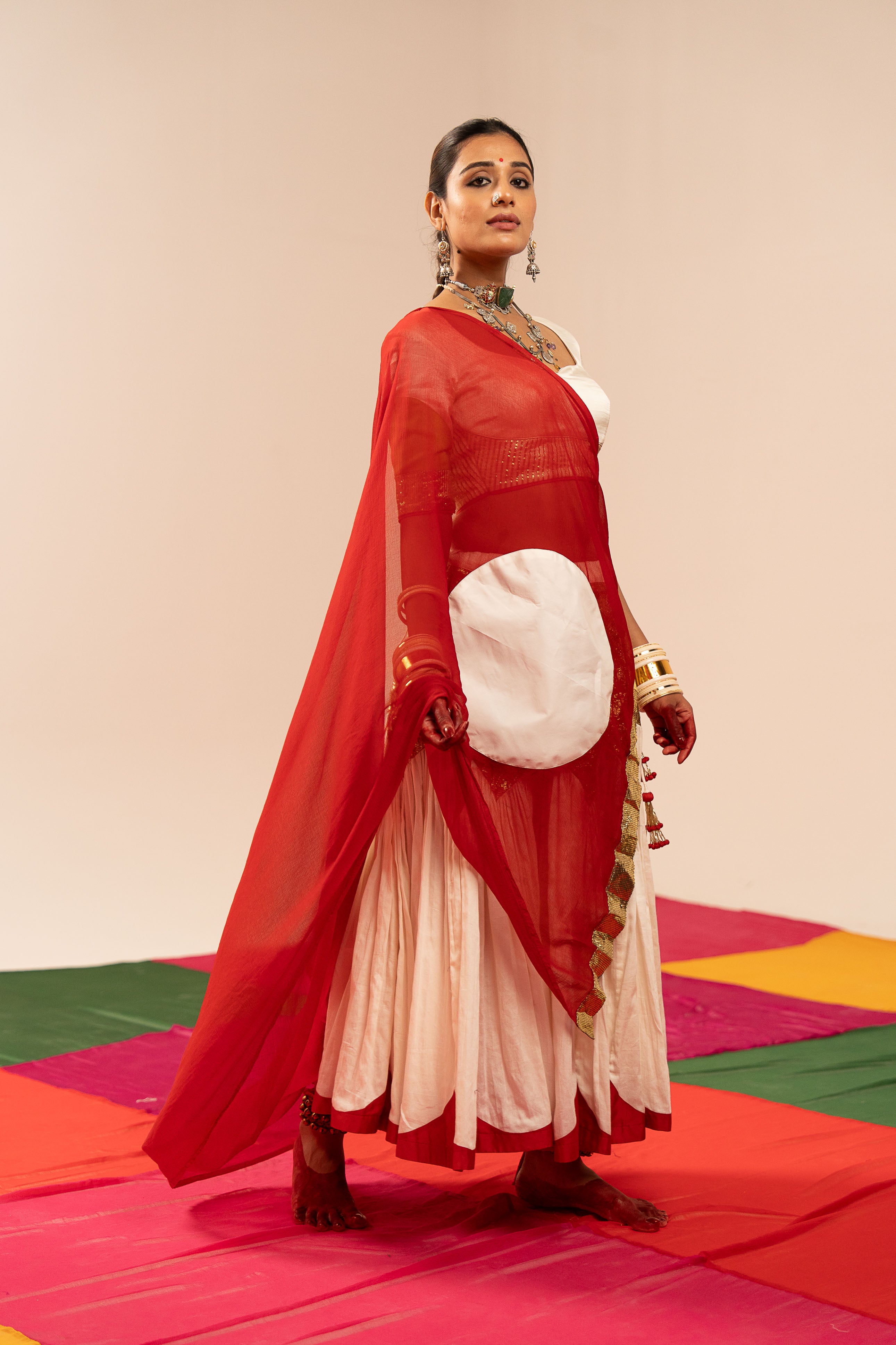 White & Maroon Lehenga Set