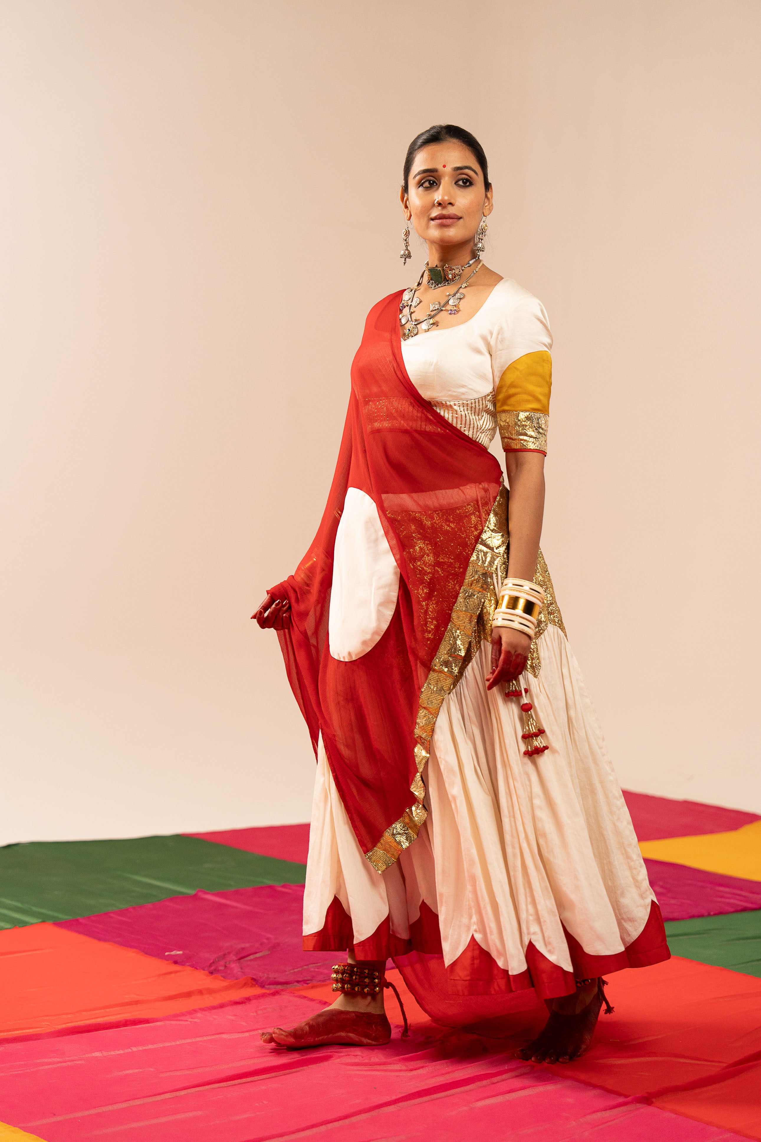 White & Maroon Lehenga Set