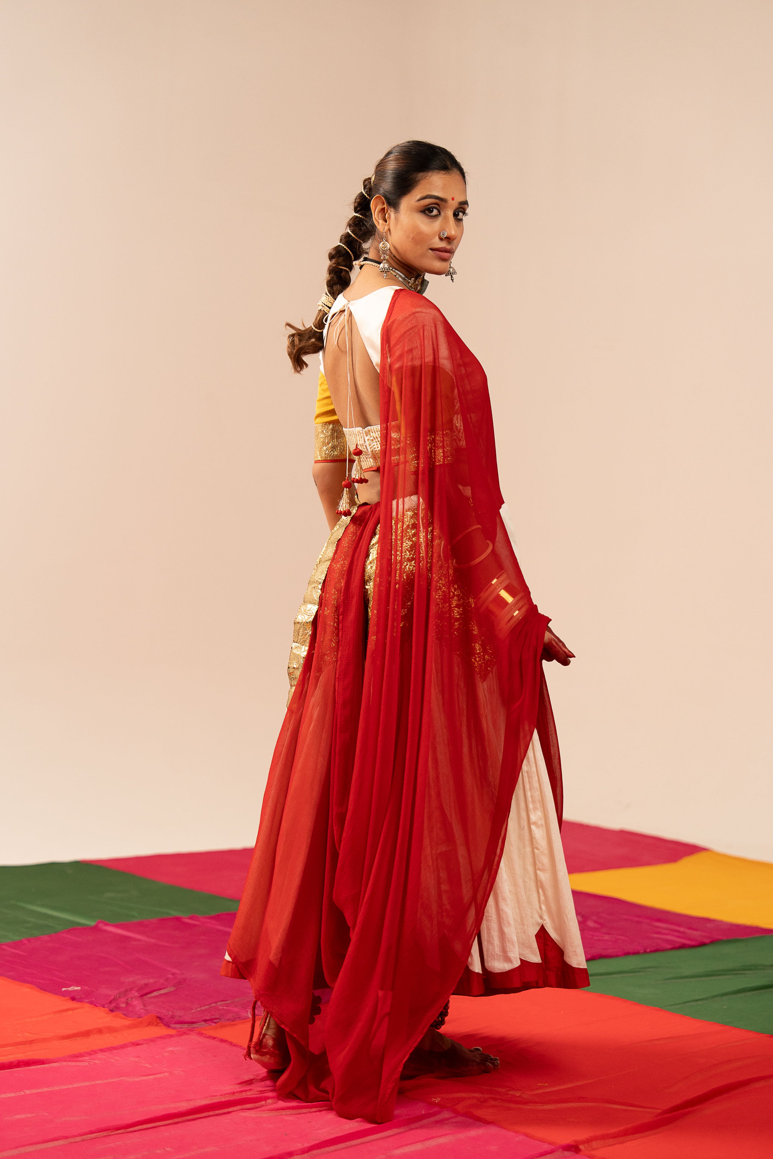 White & Maroon Lehenga Set