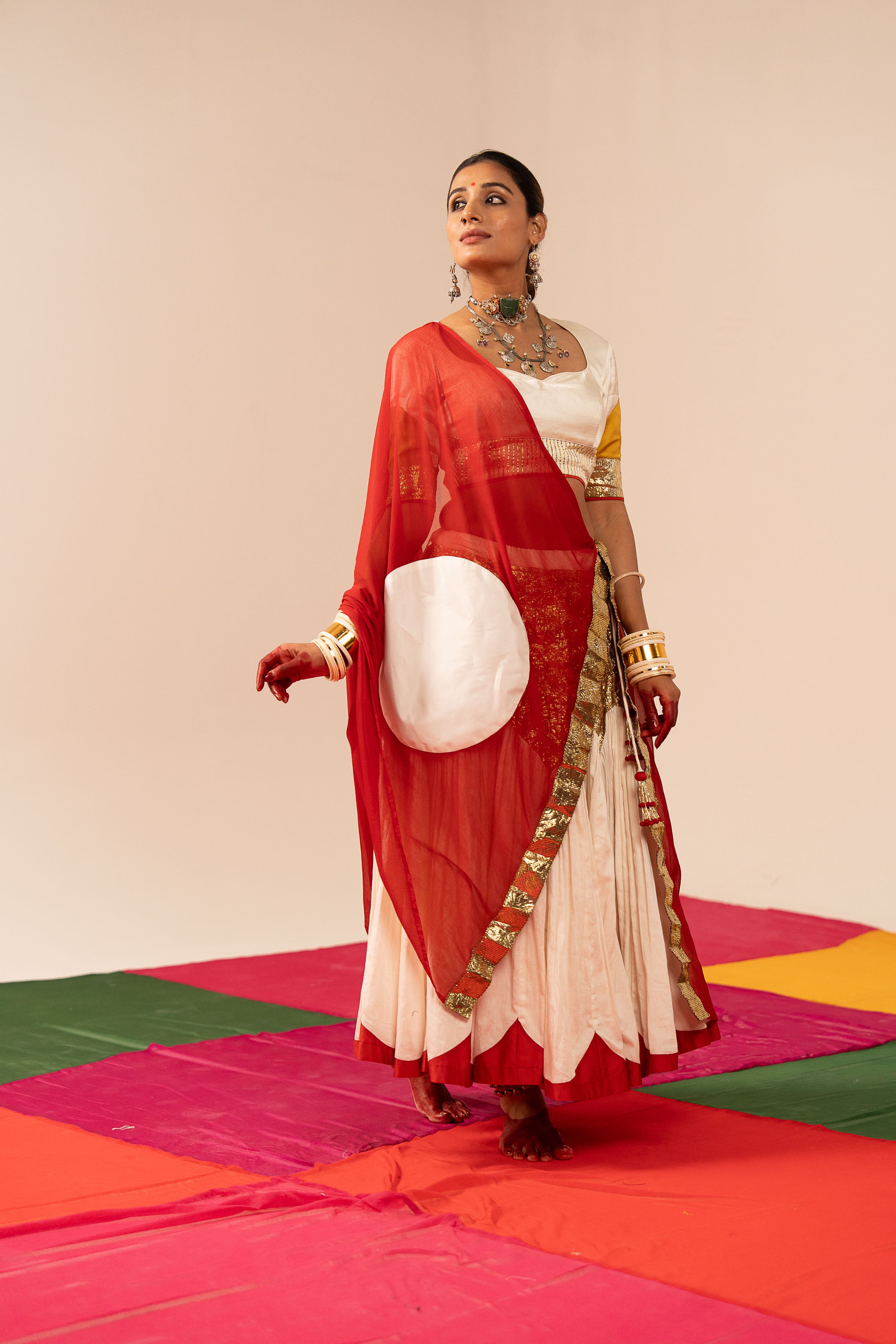 White & Maroon Lehenga Set