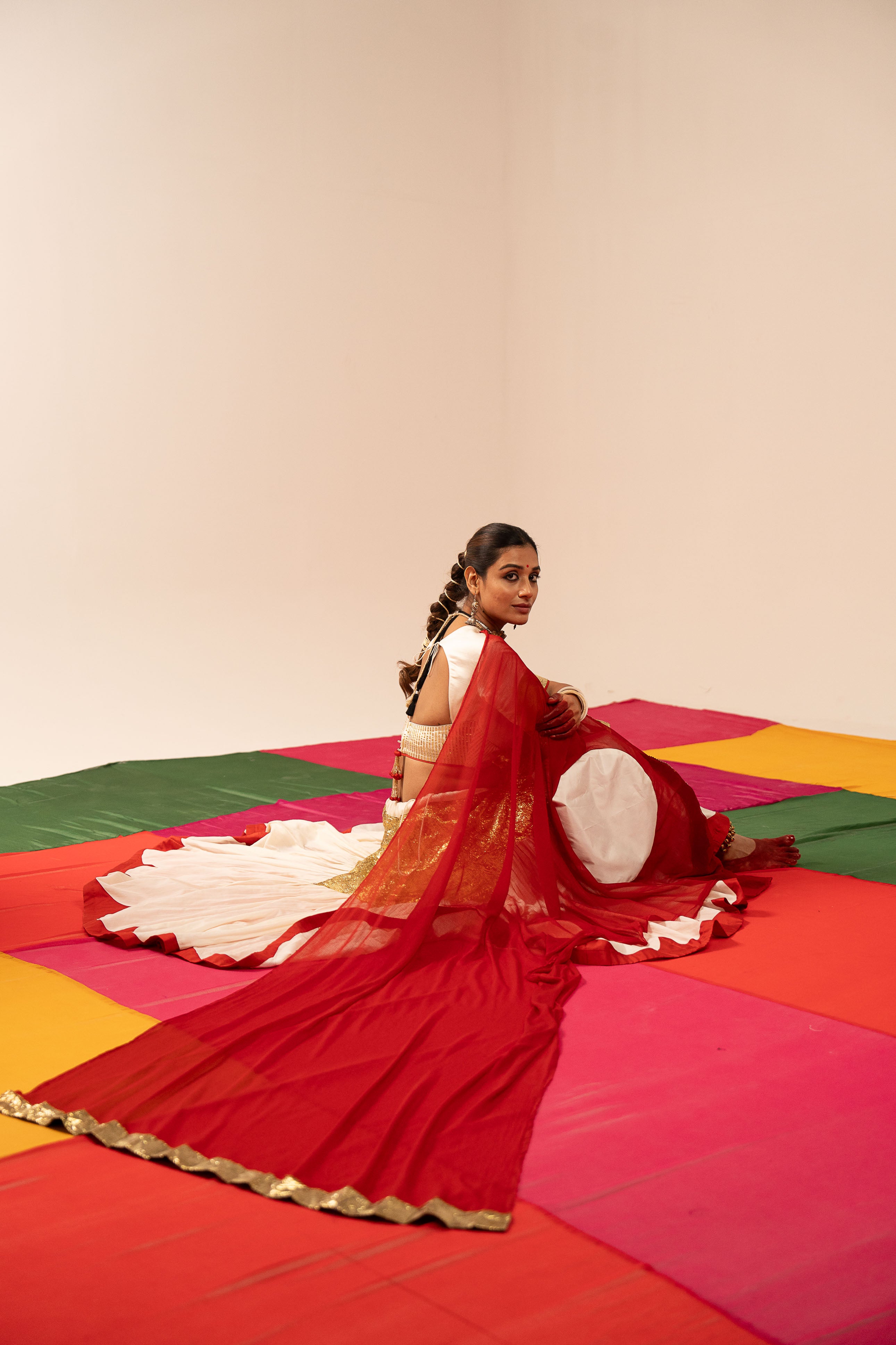 White & Maroon Lehenga Set