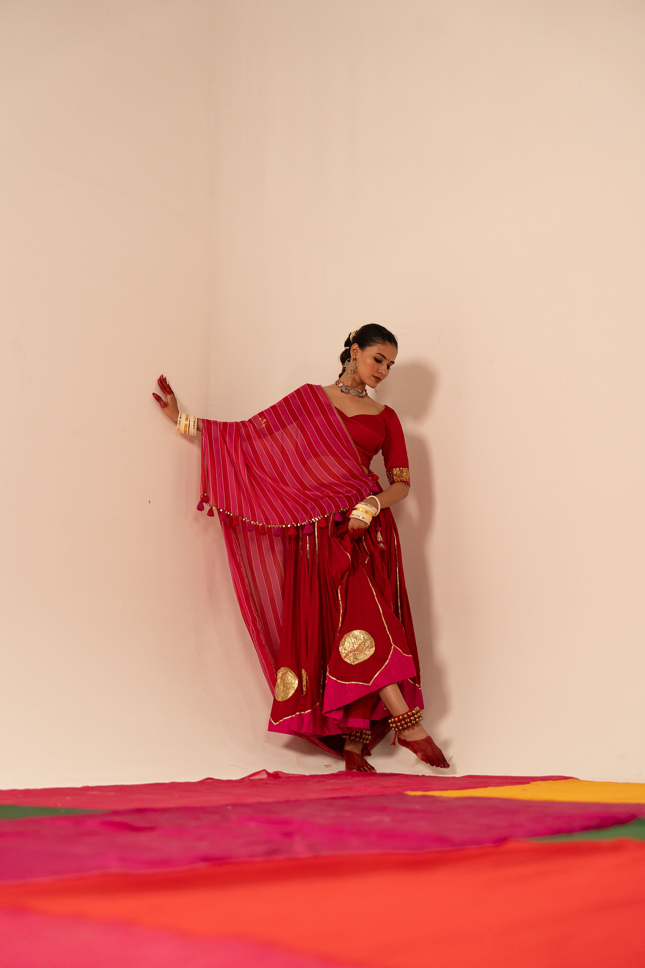 Red and pink Lehenga Set