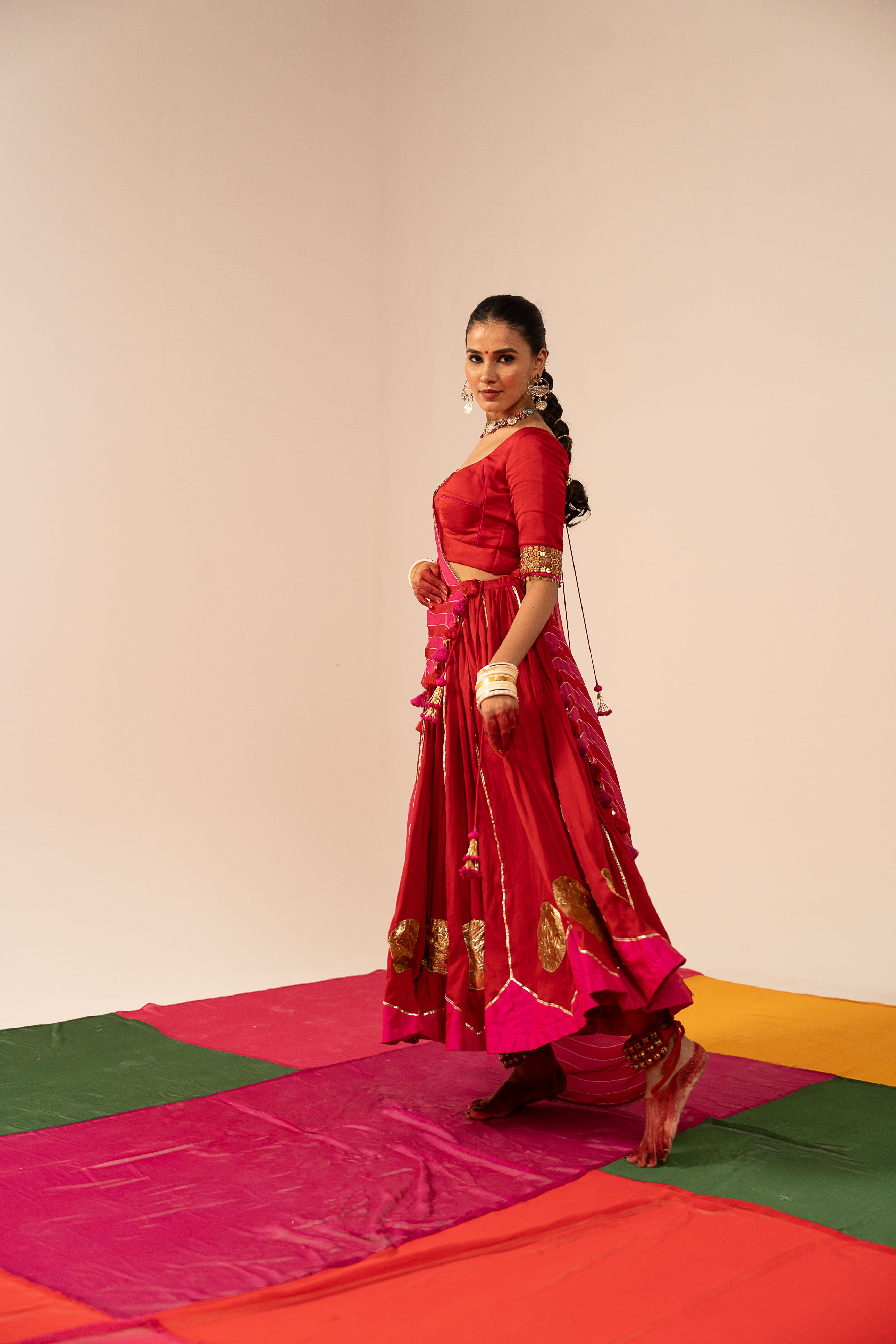 Red and pink Lehenga Set
