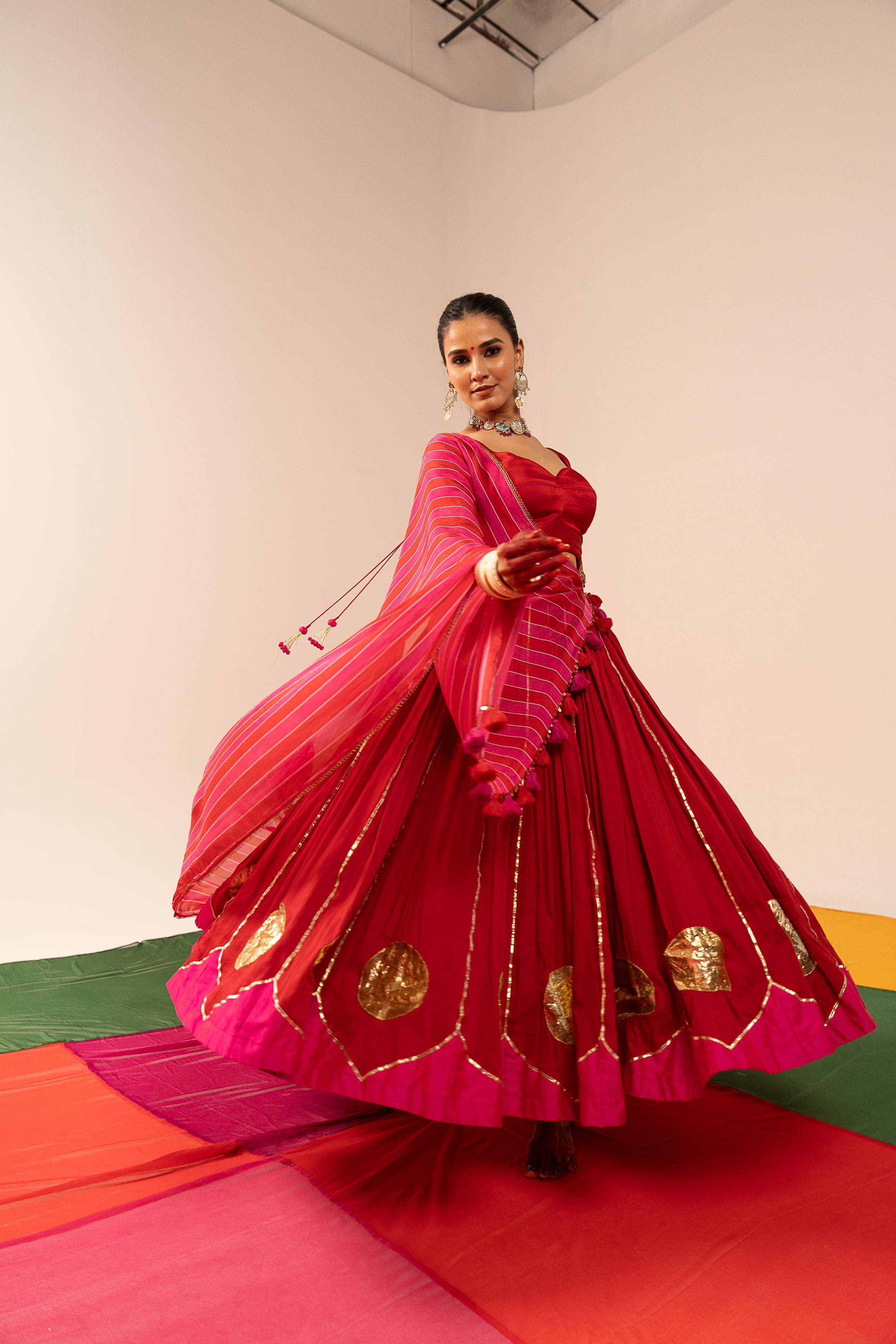 Red and pink Lehenga Set