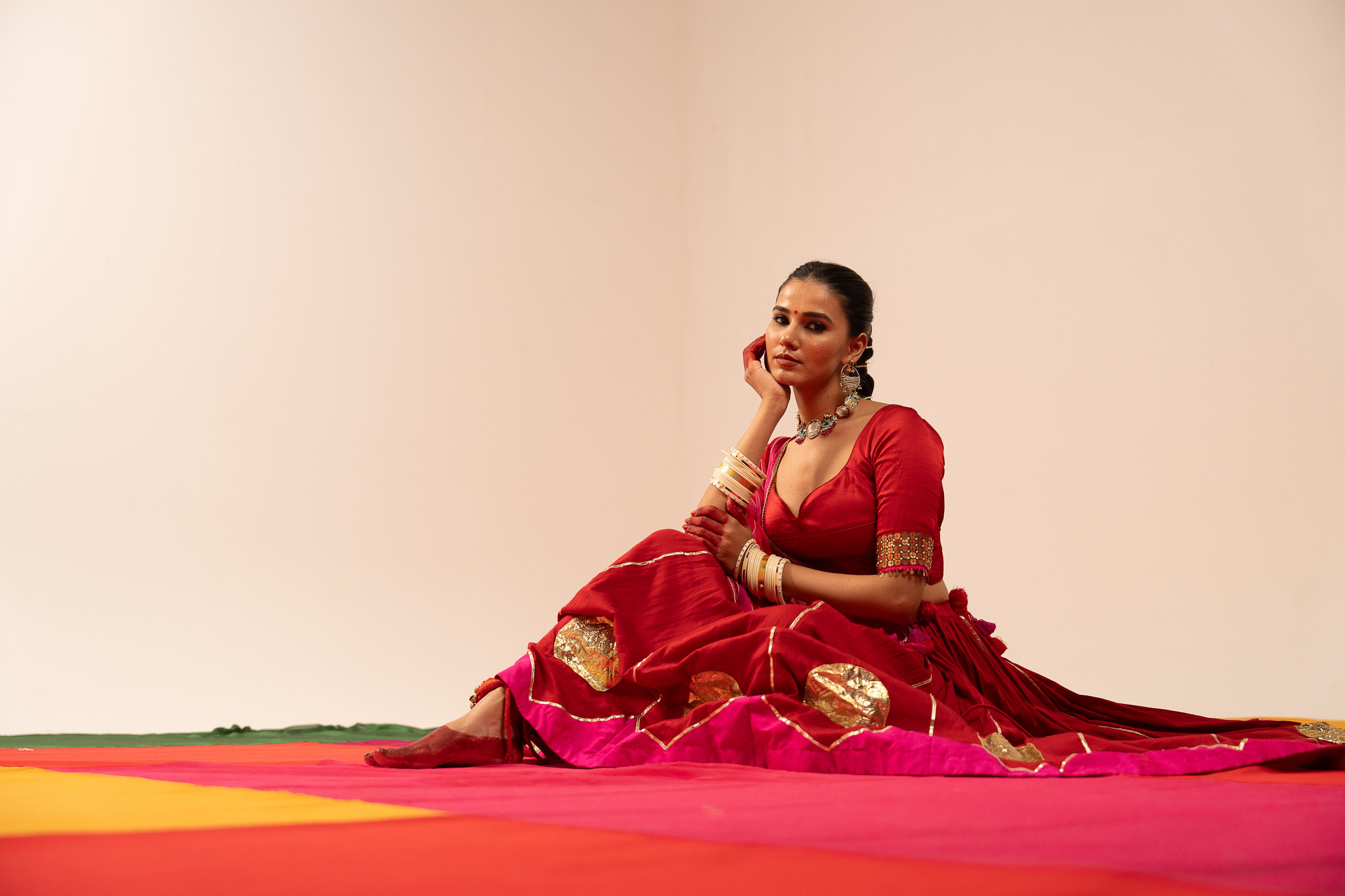 Red and pink Lehenga Set