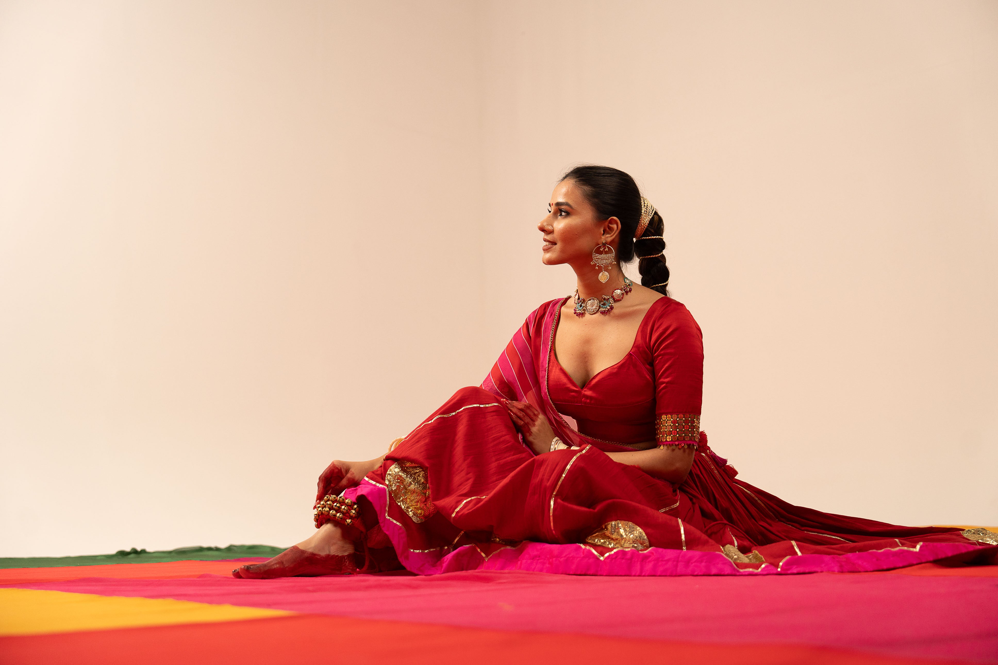 Red and pink Lehenga Set