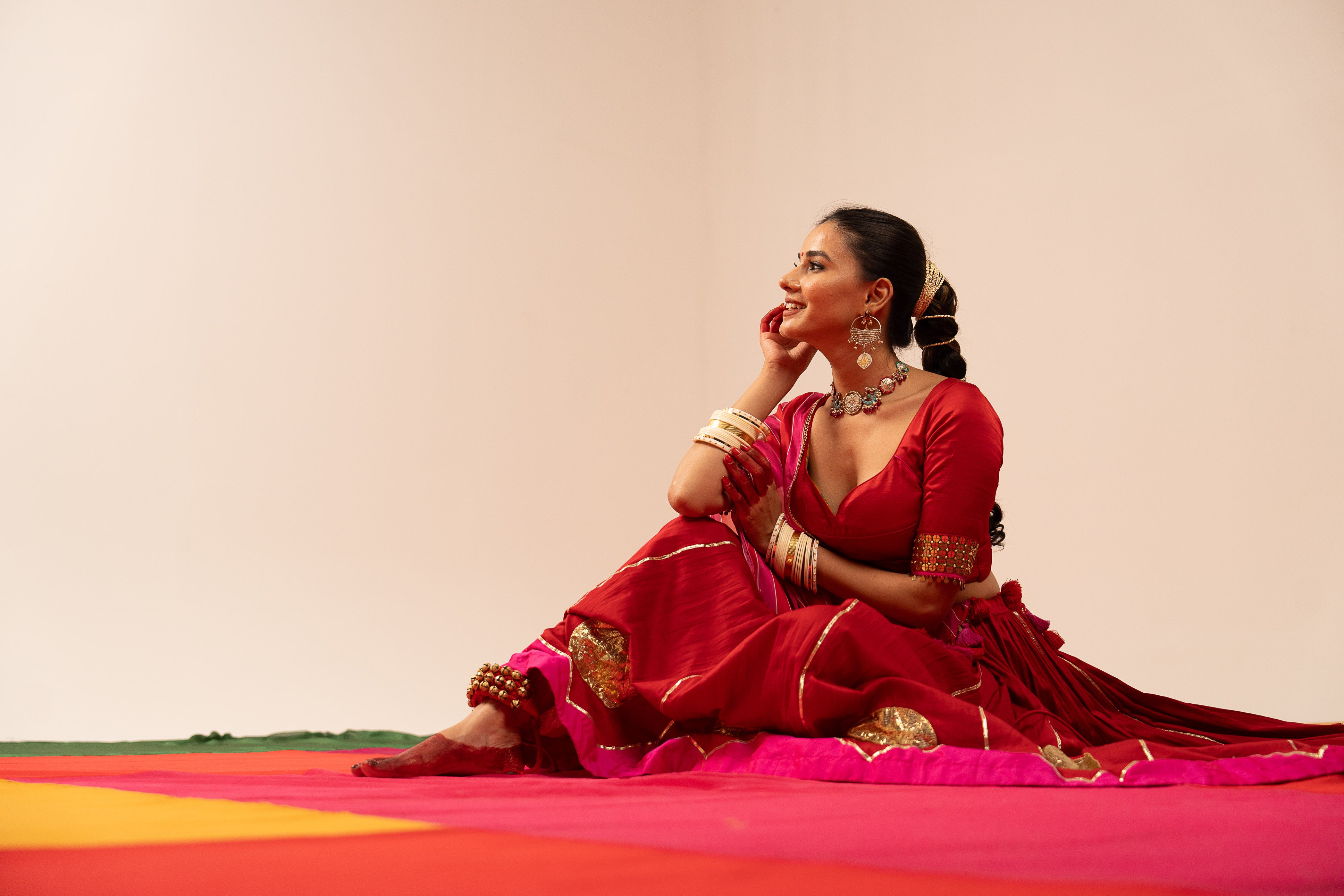 Red and pink Lehenga Set