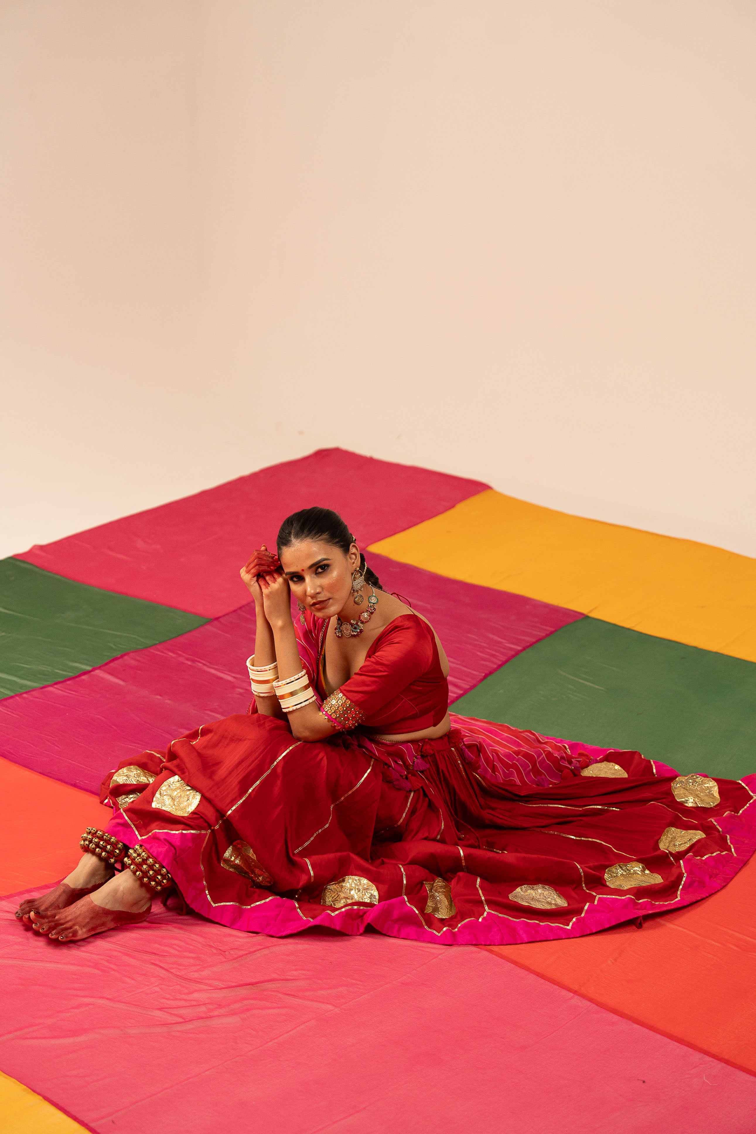 Red and pink Lehenga Set