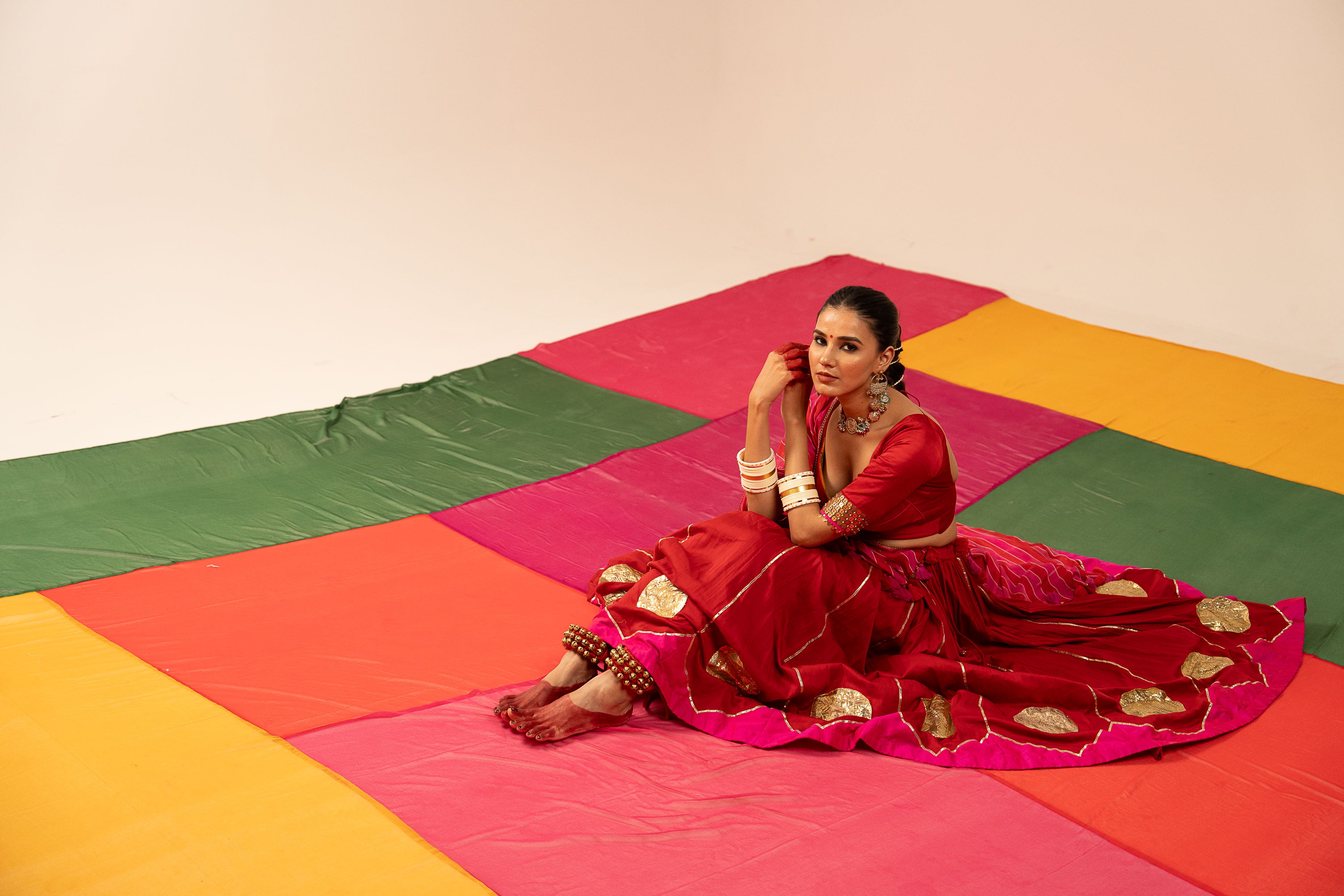 Red and pink Lehenga Set