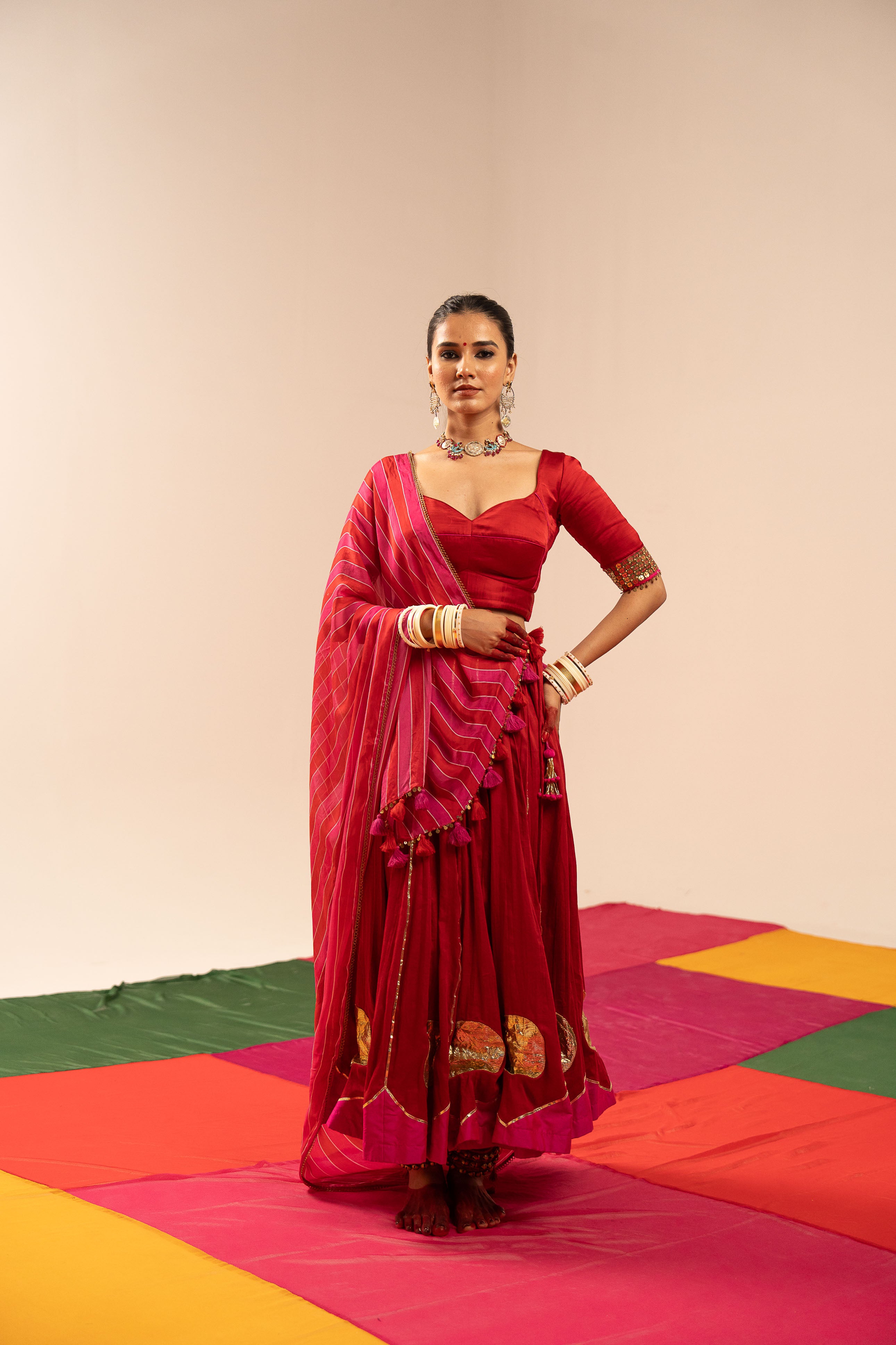 Red and pink Lehenga Set