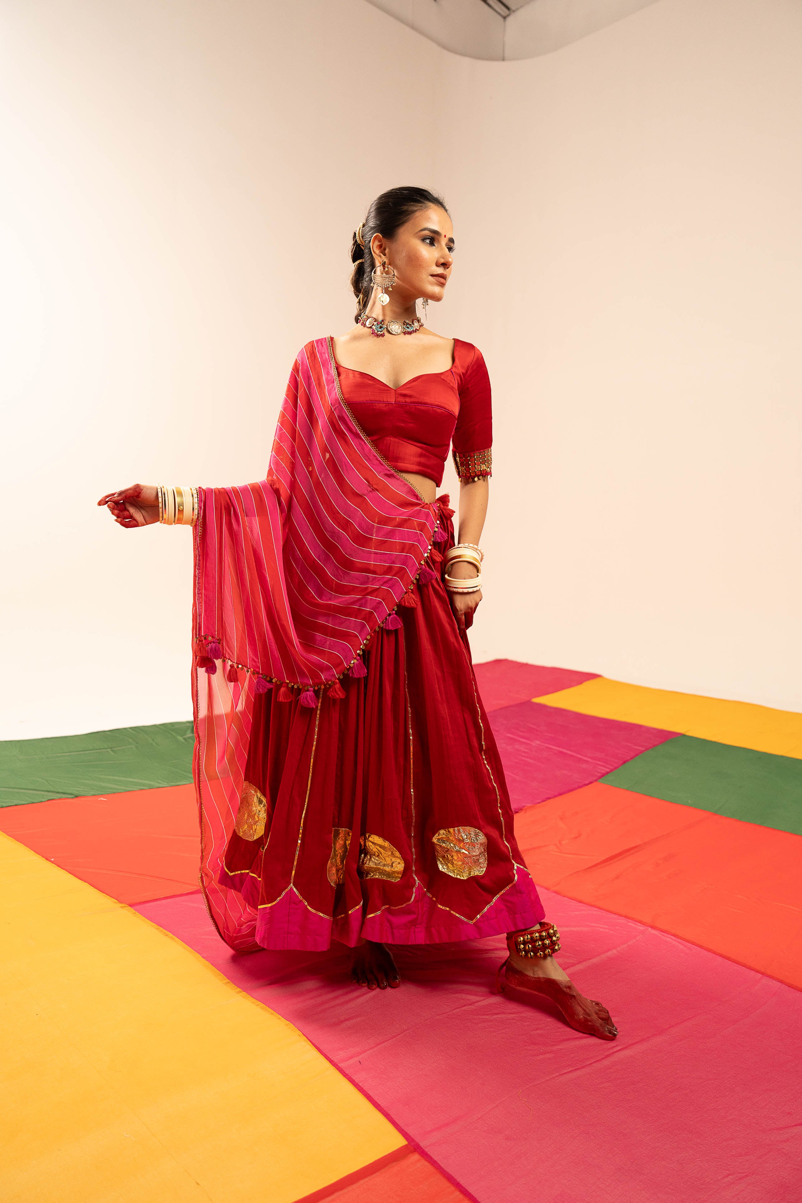 Red and pink Lehenga Set