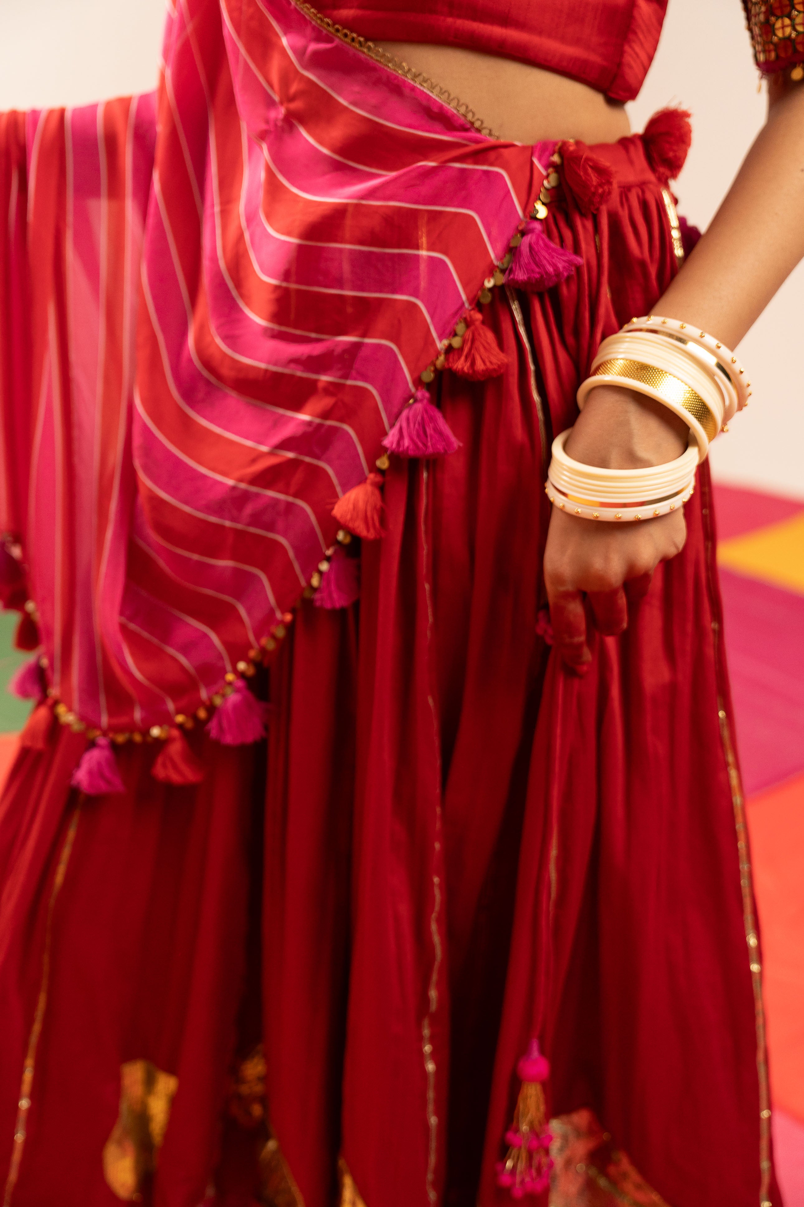 Red and pink Lehenga Set