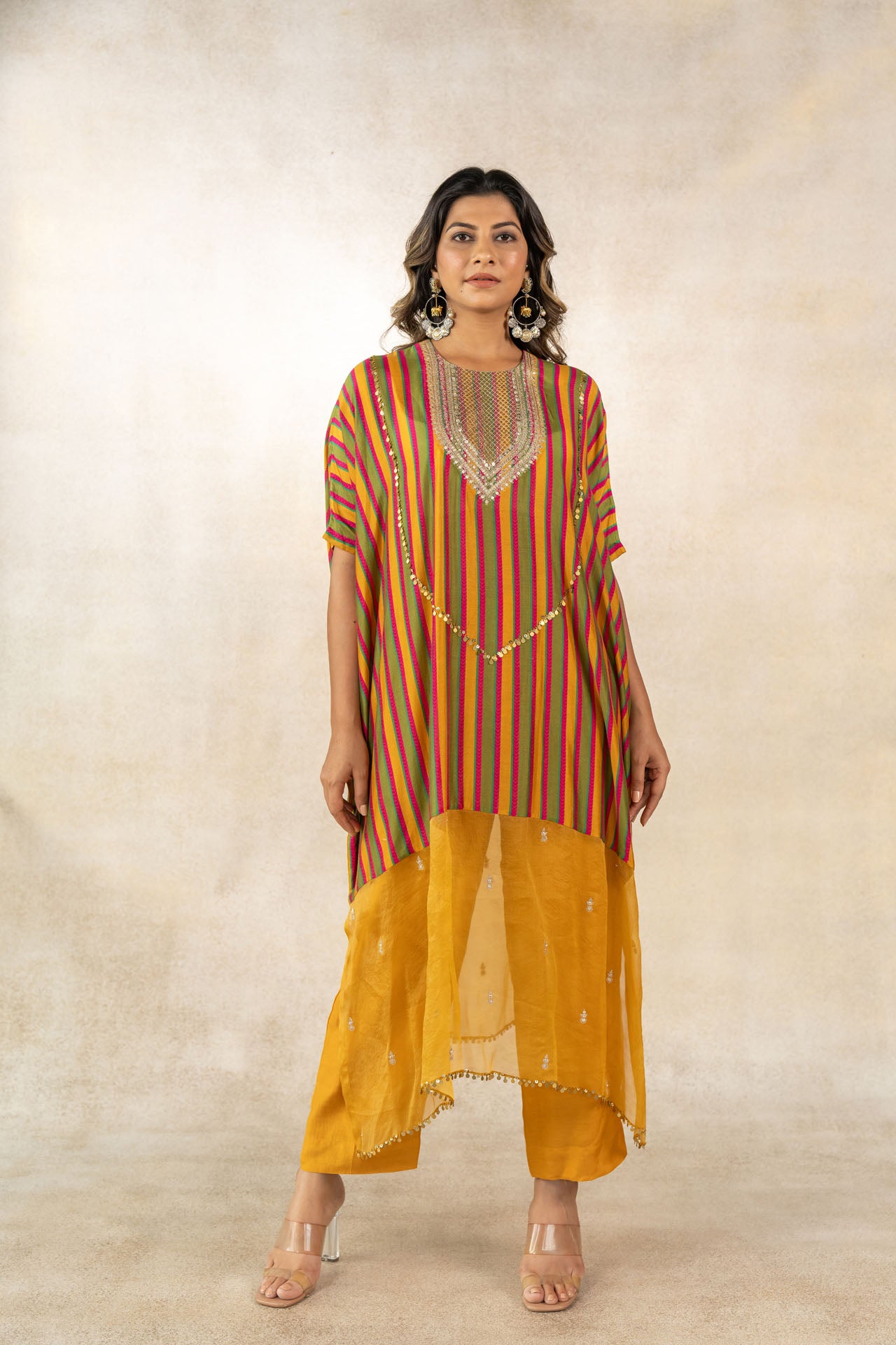 Mustard- mehendi green multicolor striped printed kaftan set
