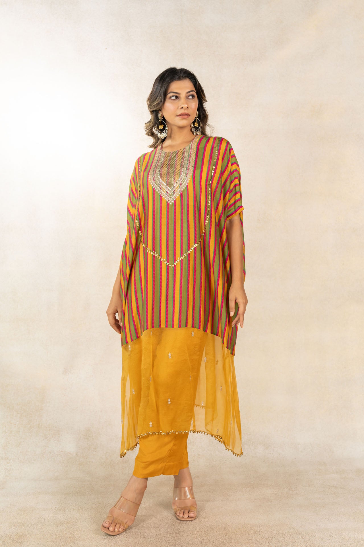 Mustard- mehendi green multicolor striped printed kaftan set