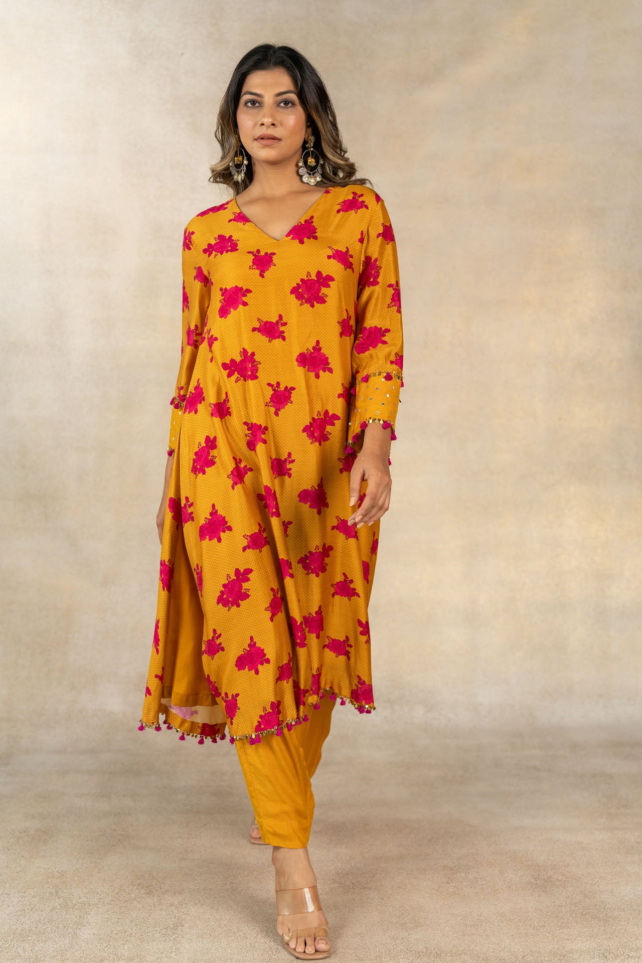 Mustard floral-dot printed kurta set