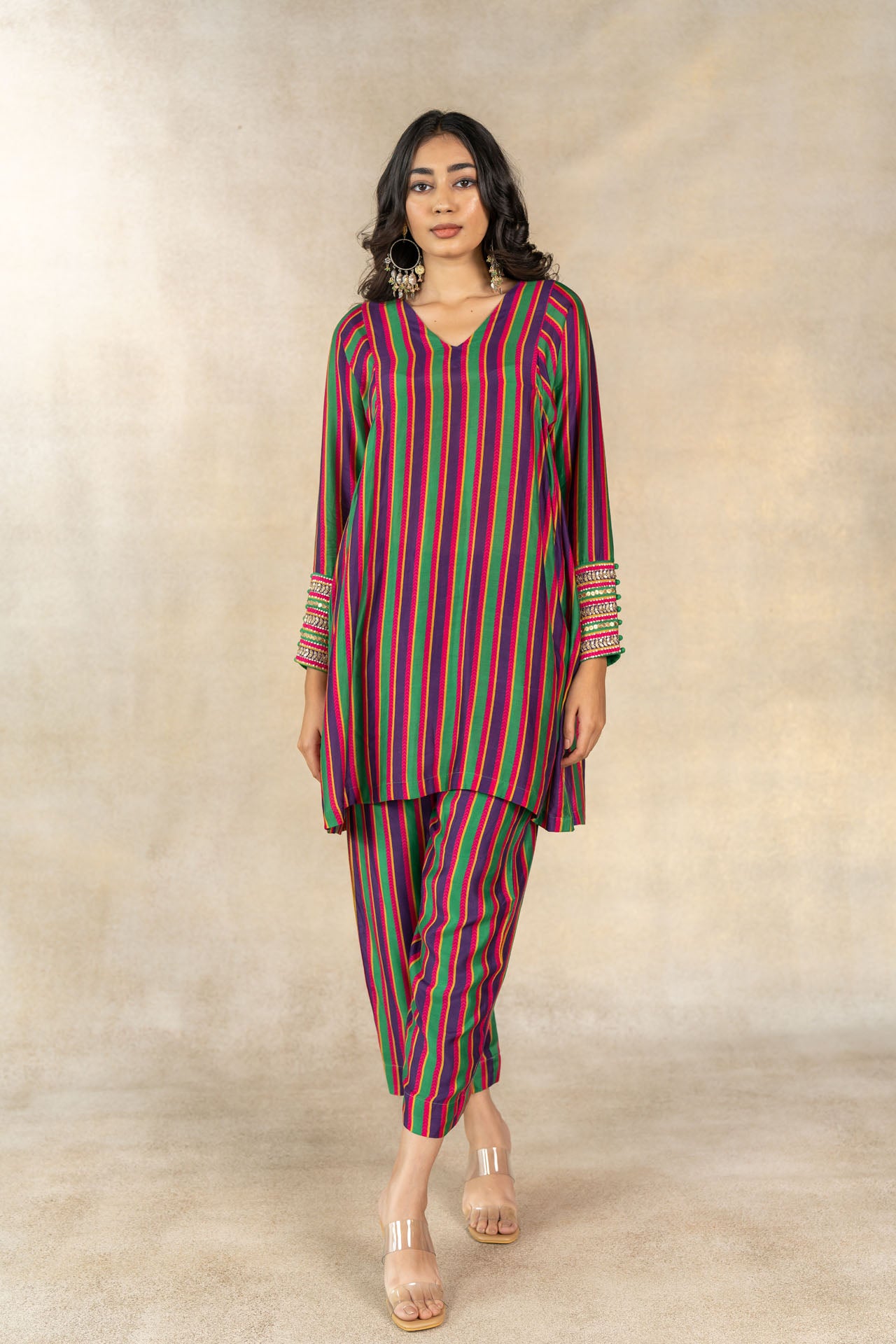 Green-purple multicolor striped printed co-ord set