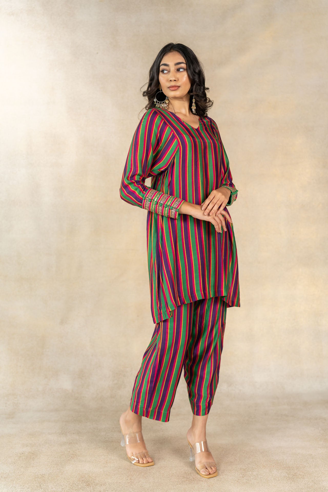 Green-purple multicolor striped printed co-ord set