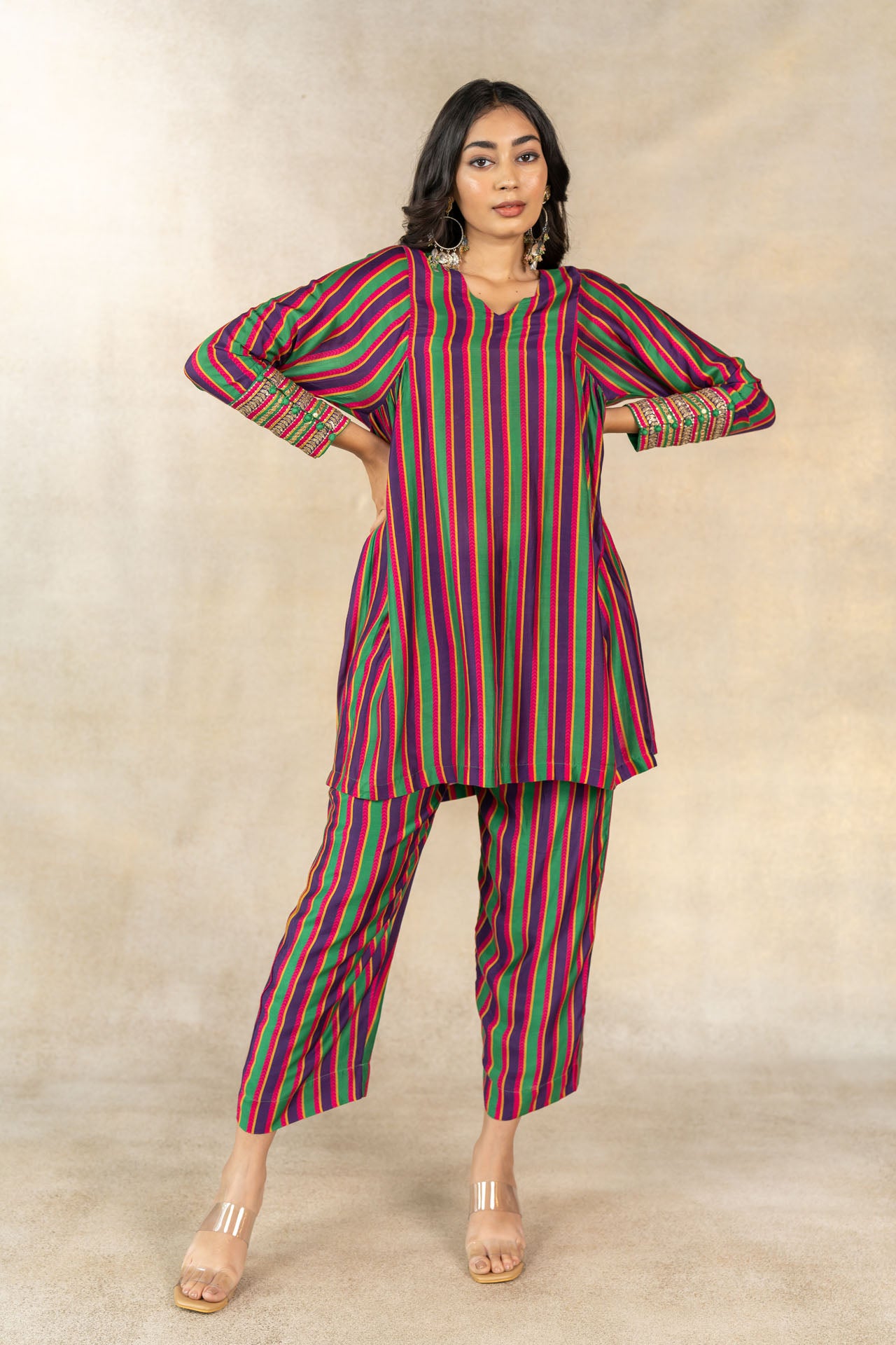 Green-purple multicolor striped printed co-ord set