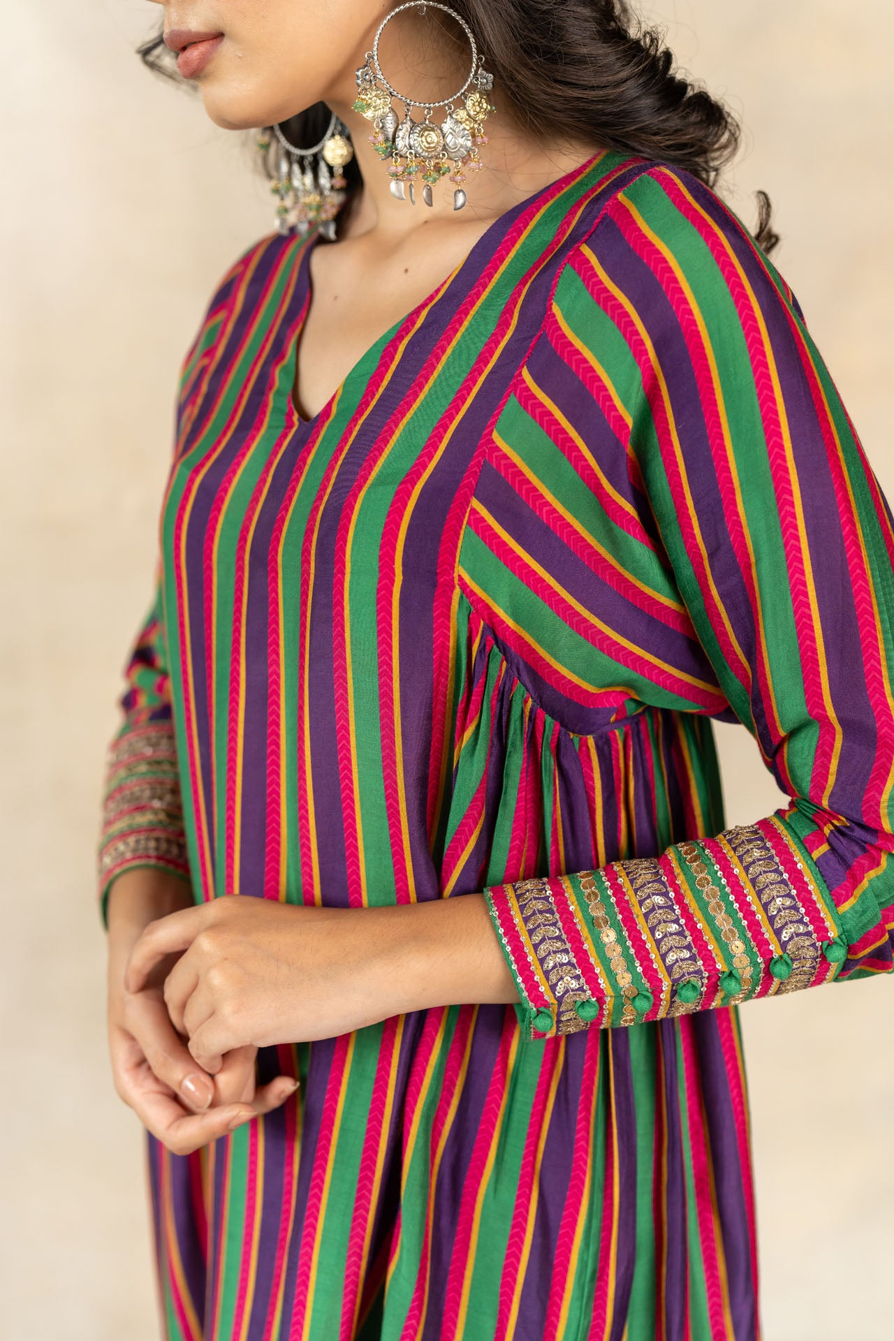 Green-purple multicolor striped printed co-ord set