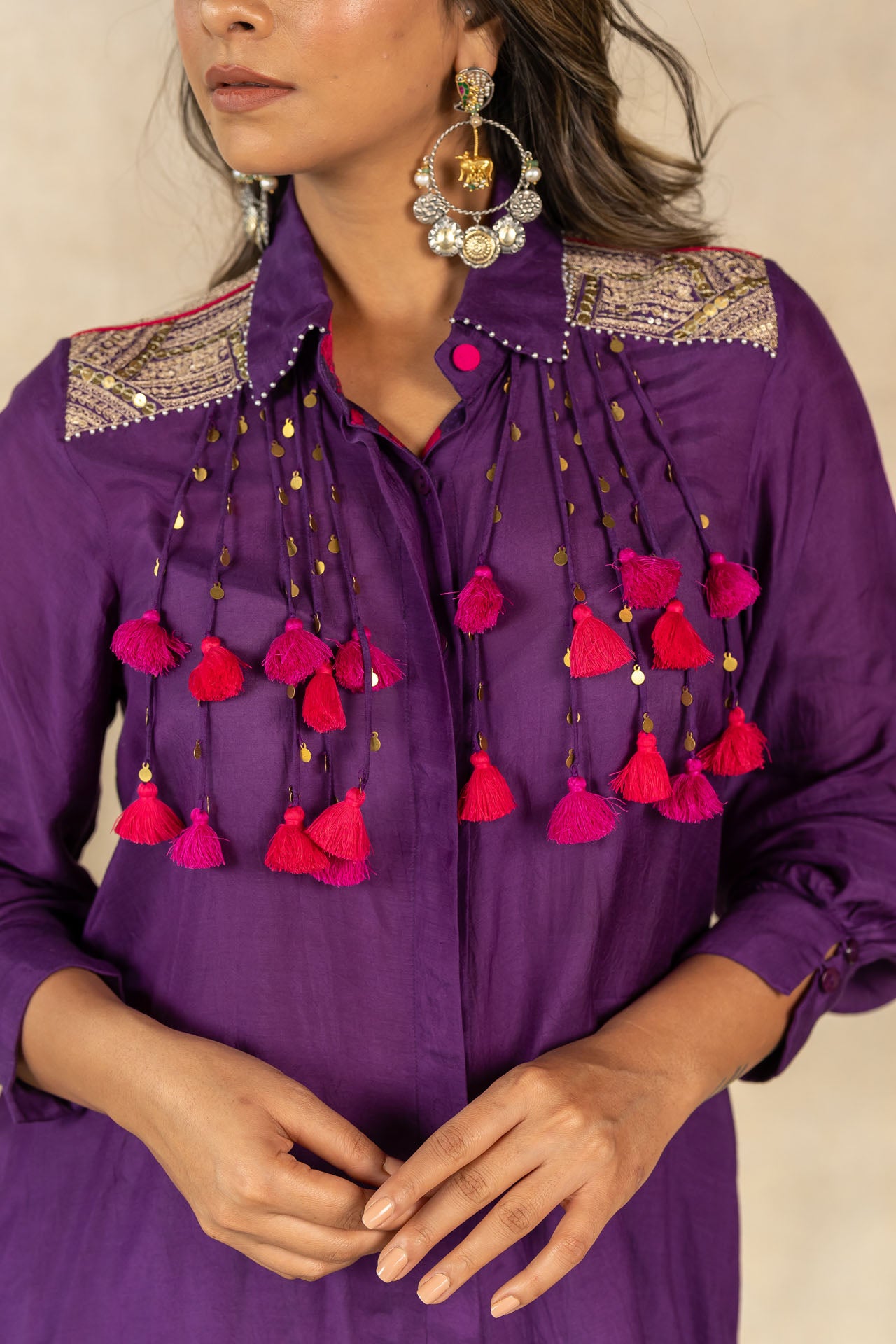 Purple coin-tassel detail co-ord set