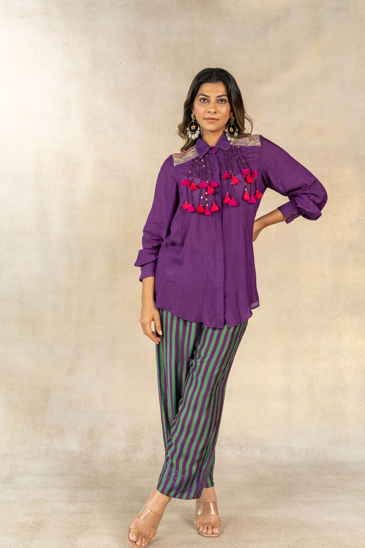 Purple coin-tassel detail co-ord set