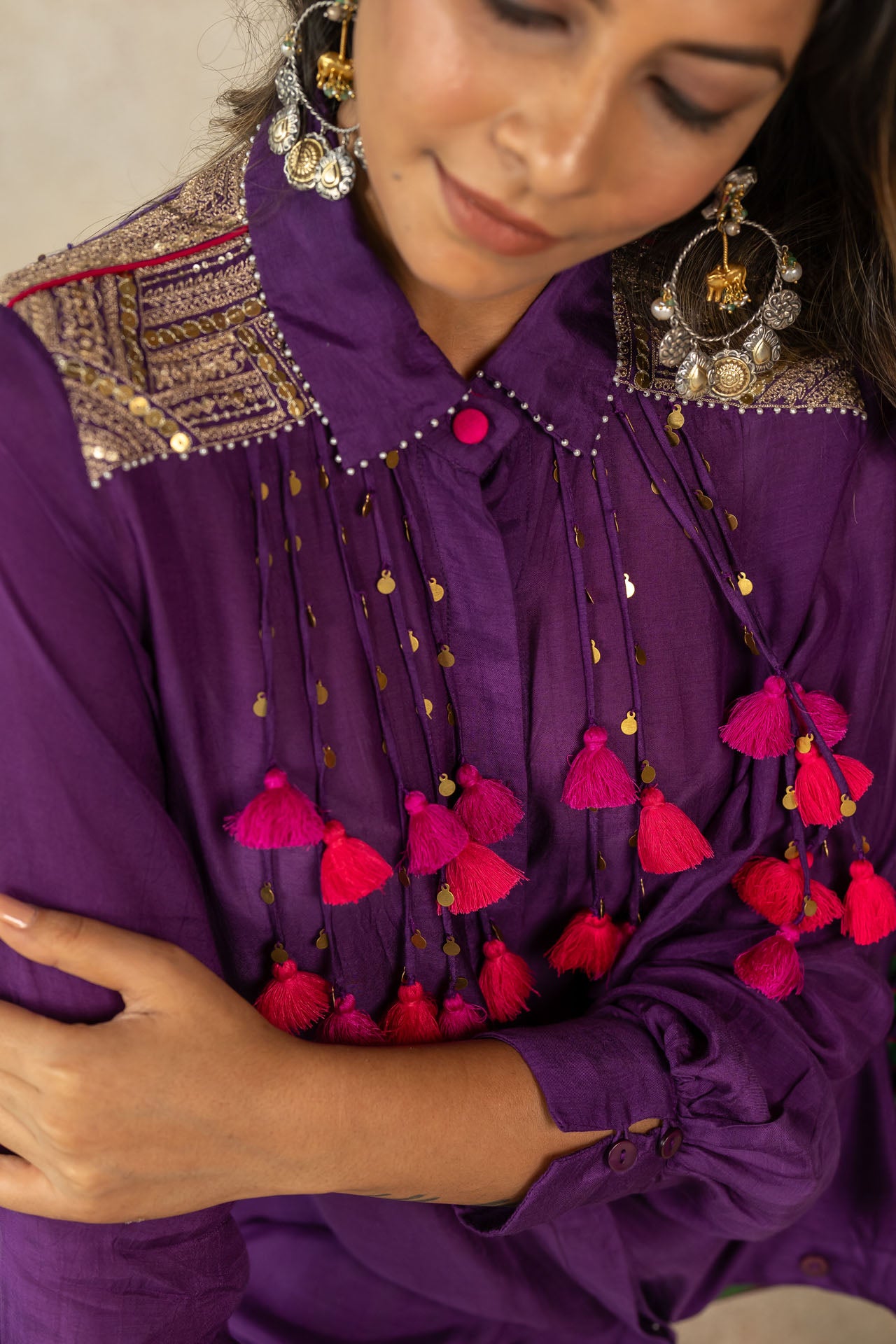 Purple coin-tassel detail co-ord set