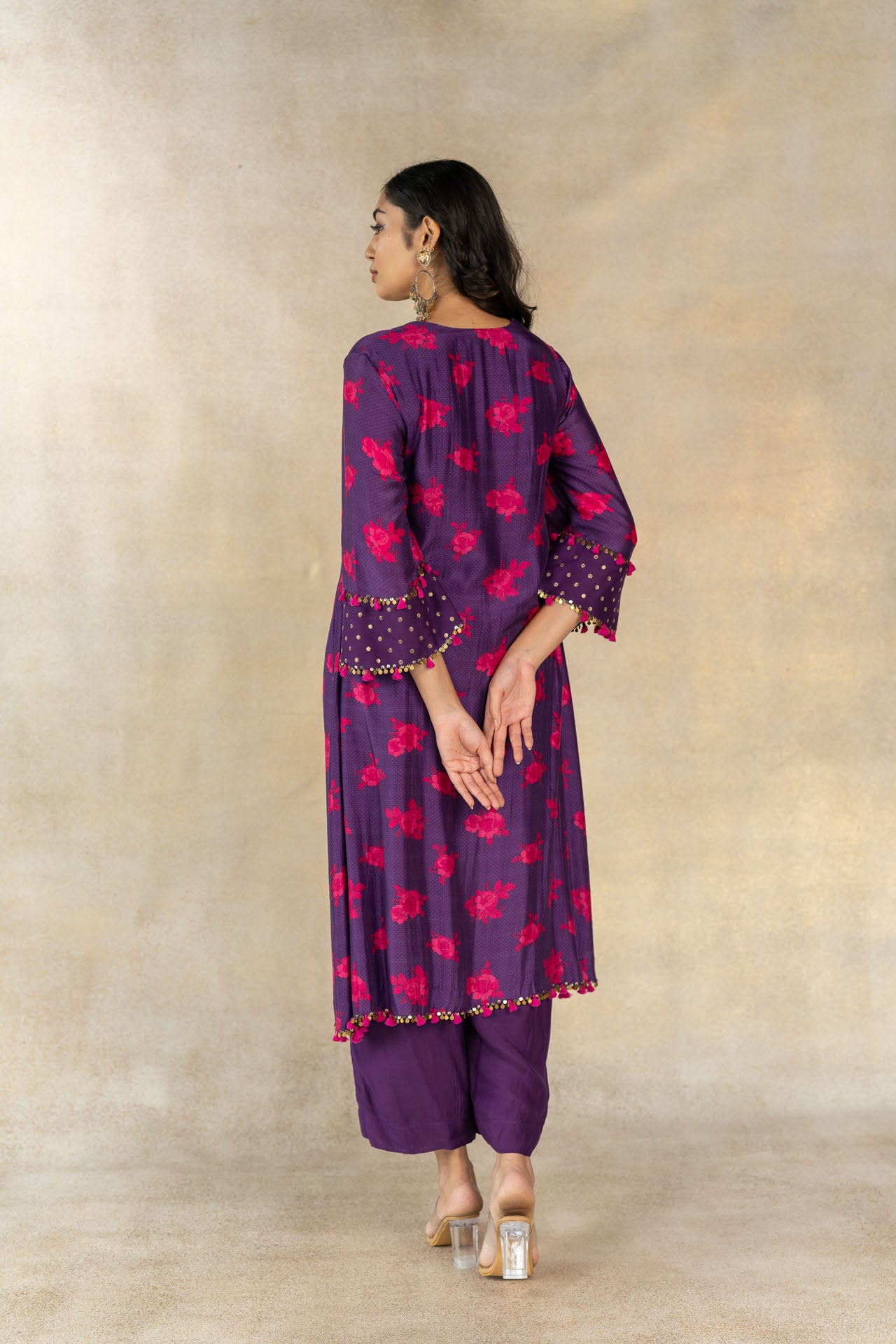 Purple floral-dot printed kurta set
