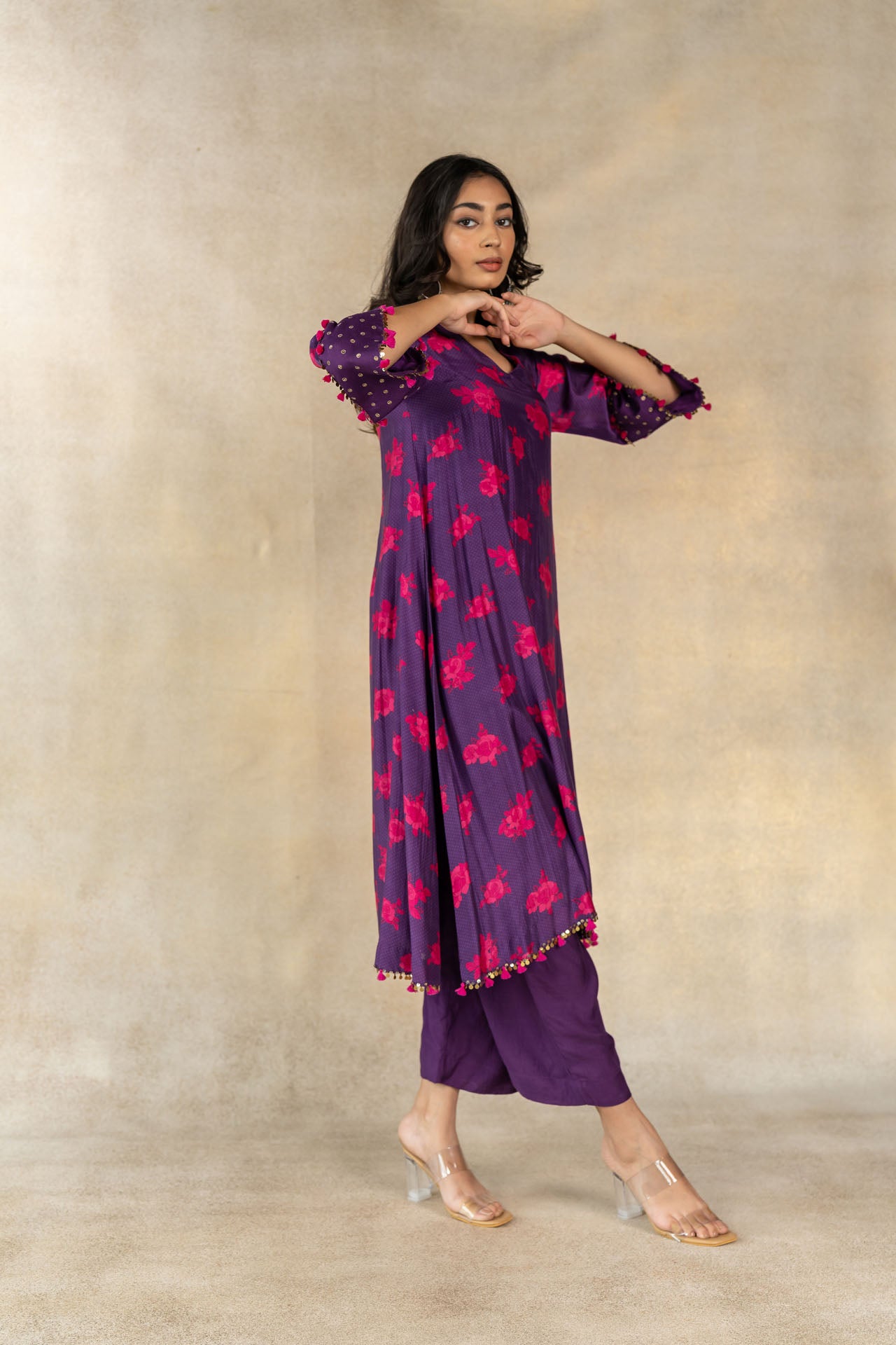 Purple floral-dot printed kurta set