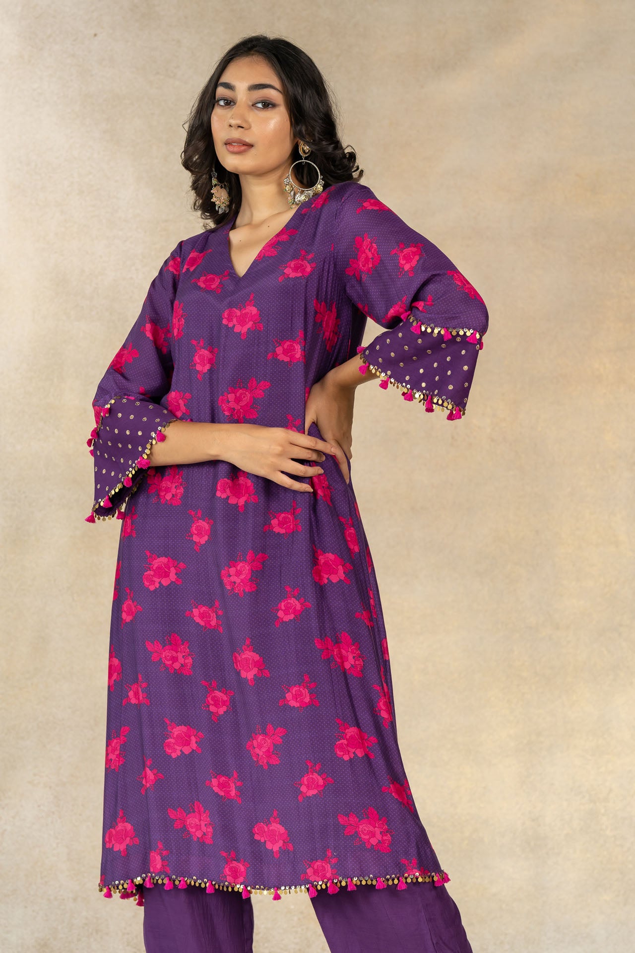 Purple floral-dot printed kurta set